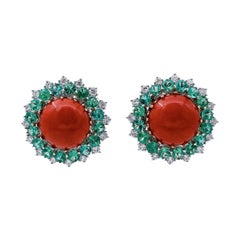 Vintage Big Coral, Diamonds, Emeralds, 18 Karat White Gold Stud Earrings