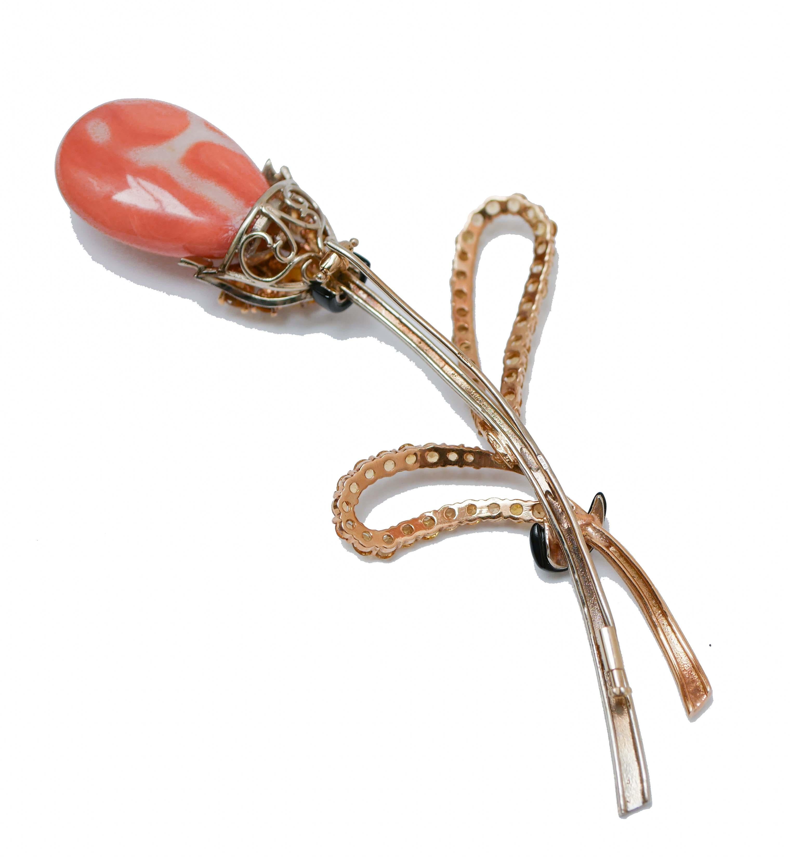 Retro Big Coral, Onyx, Topazs, Diamonds, 14 Karat Rose Gold and White Gold  Brooch. For Sale
