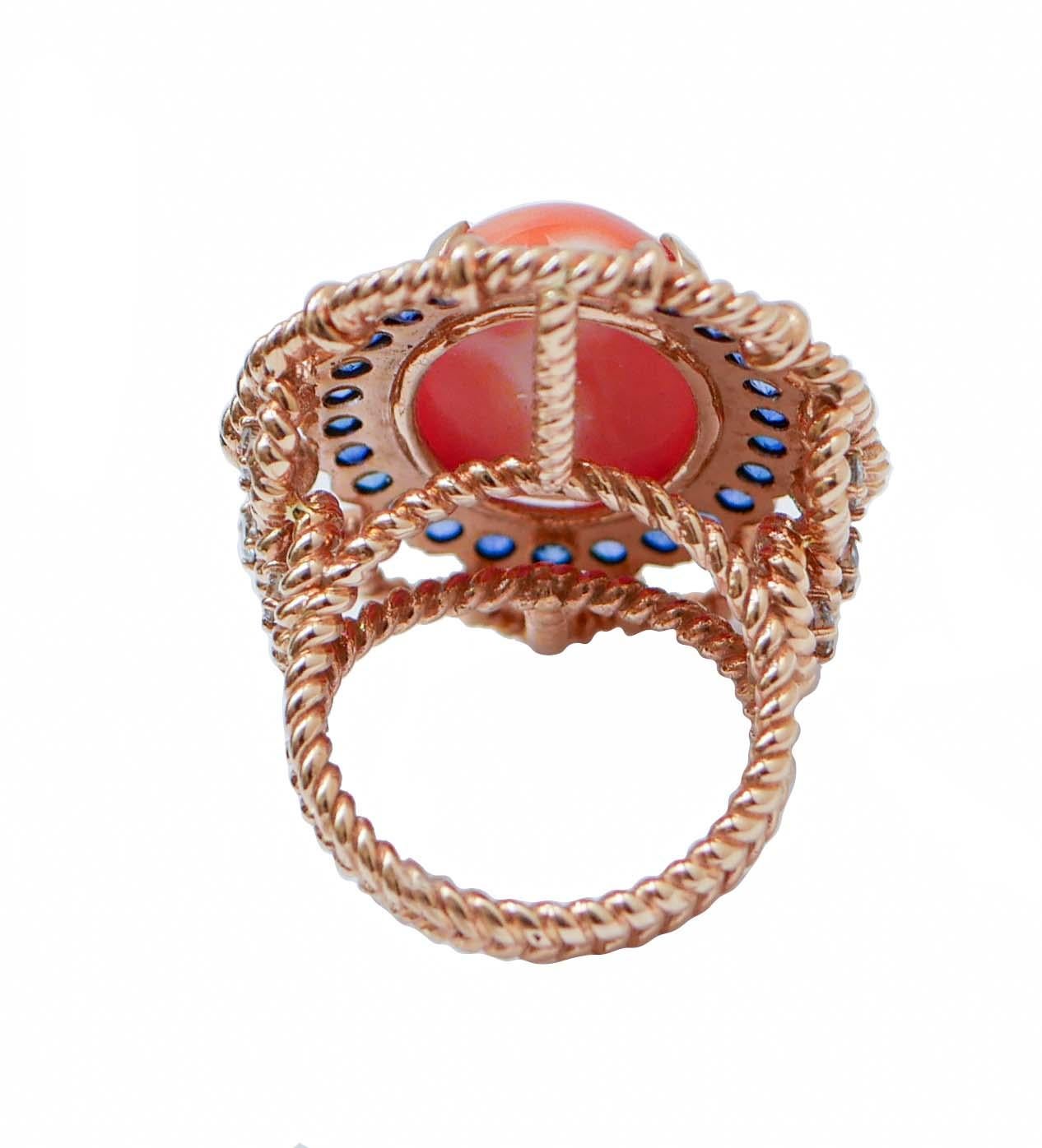 Retro Big Coral, Sapphires, Diamonds, 14 Karat Rose Gold Ring. For Sale
