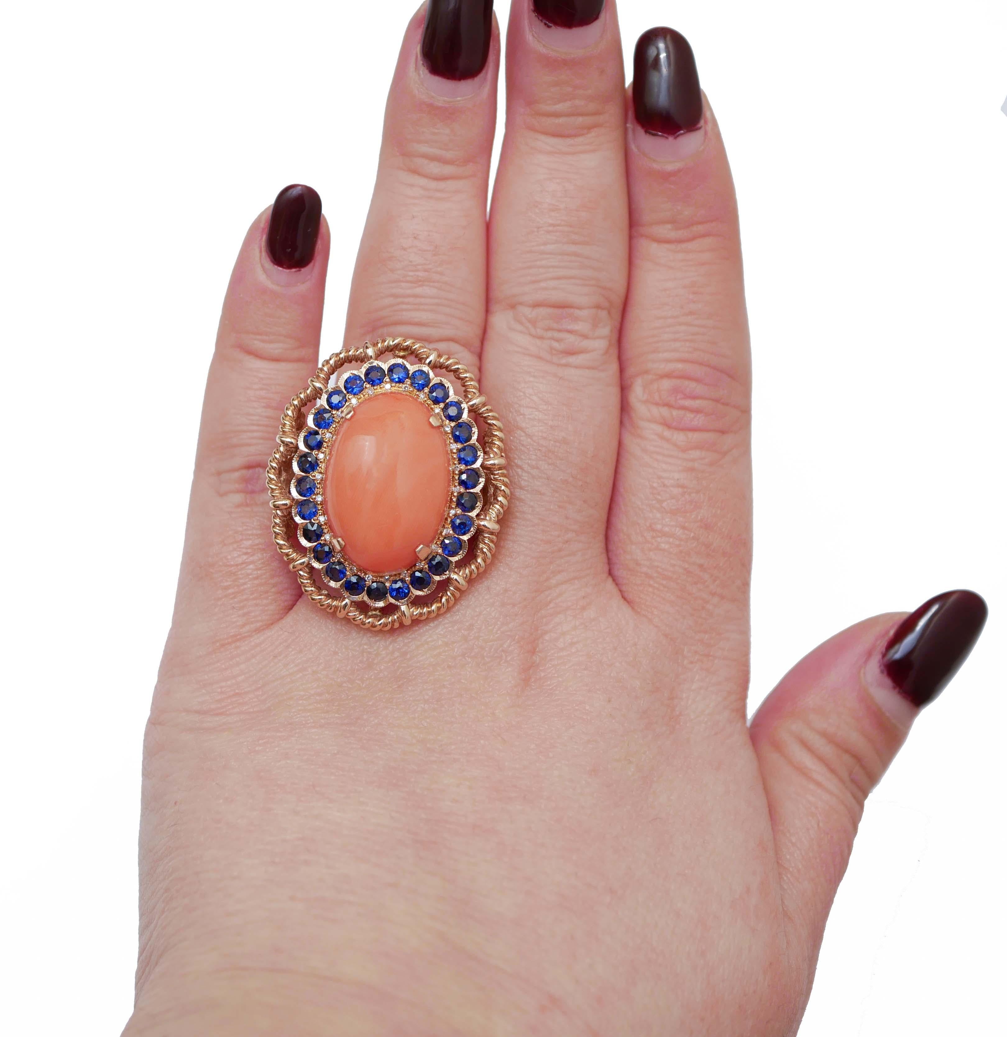 Mixed Cut Big Coral, Sapphires, Diamonds, 14 Karat Rose Gold Ring. For Sale