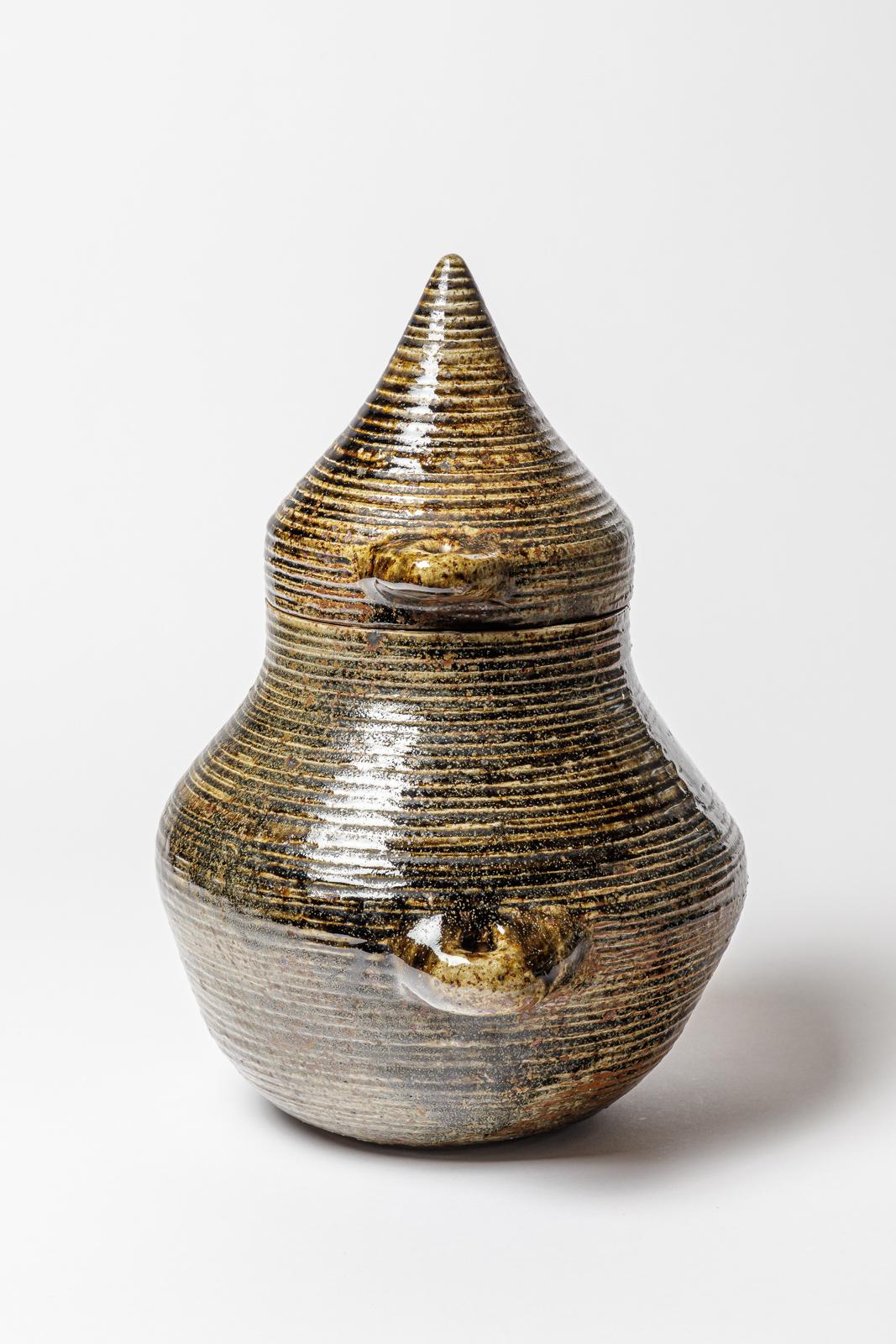 French Big covered jar ceramic jar by Jean Lerat, circa 1952 For Sale