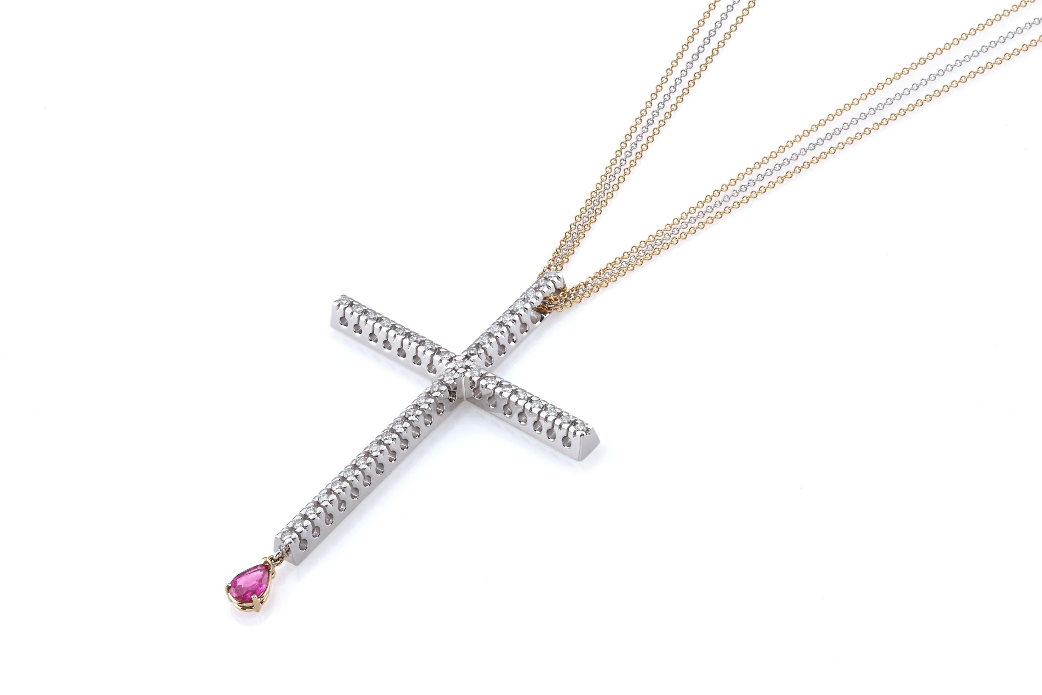 I Believe and it Hurts - Bloody Cross Nicofilimon 2010
Big Cross Necklace in white gold 18Kt with diamonds and ruby.
This handcrafted 18kt white gold bloody necklace features a ruby gemstone and a line of diamonds along the whole cross. A unique