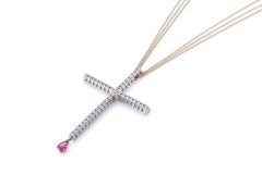 Big Cross Pendant Necklace in 18Kt White Gold with Diamonds & Pear Ruby in Stock