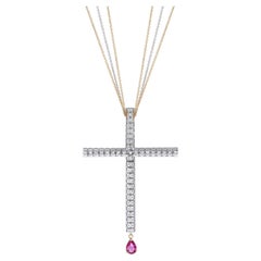 Big Cross Pendant Necklace in 18Kt White Gold with Diamonds & Pear Ruby in Stock