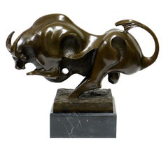Big Cubist Bronze Bull Sculpture on Marble Base
