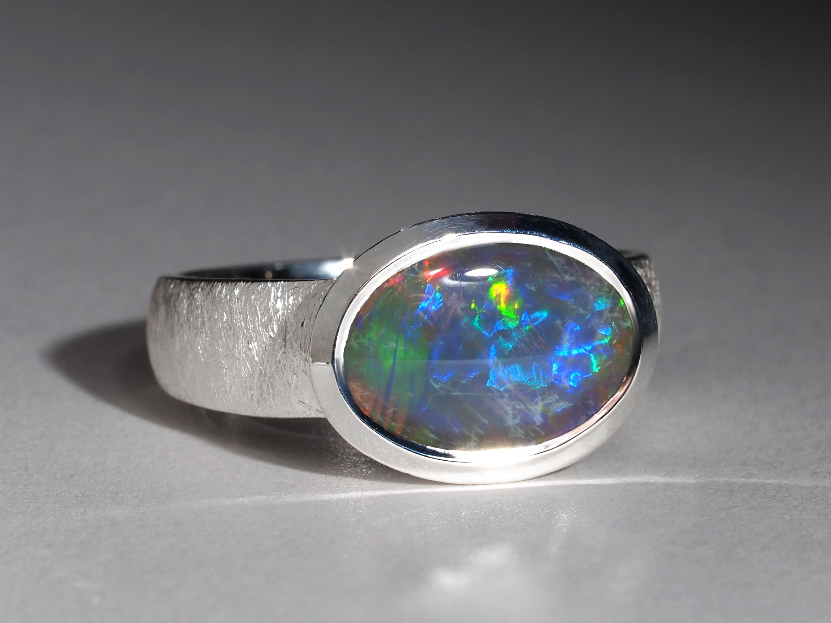 Big Dark Australian Opal Silver Ring Bright Patterned Australian Opal Jewellery For Sale 4