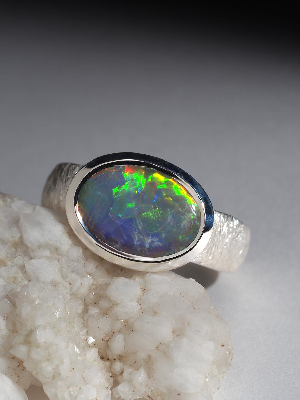 Big Dark Australian Opal Silver Ring Bright Patterned Australian Opal Jewellery For Sale 5