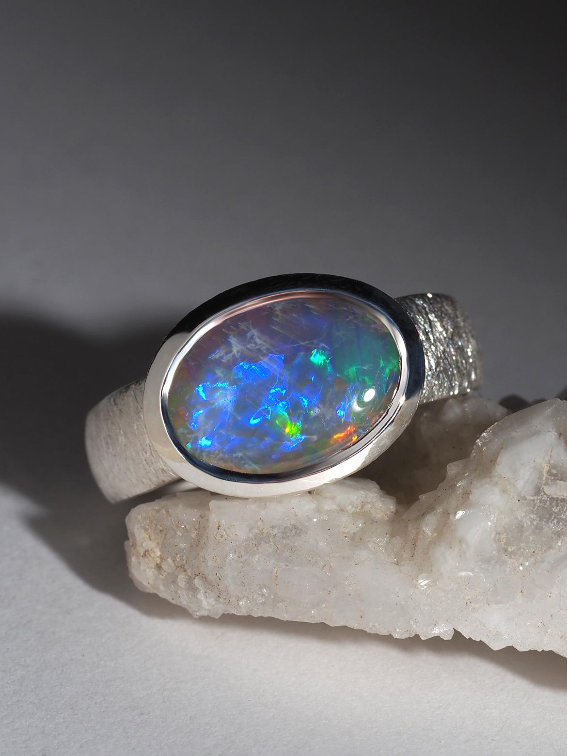 Big Dark Australian Opal Silver Ring Bright Patterned Australian Opal Jewellery For Sale 6