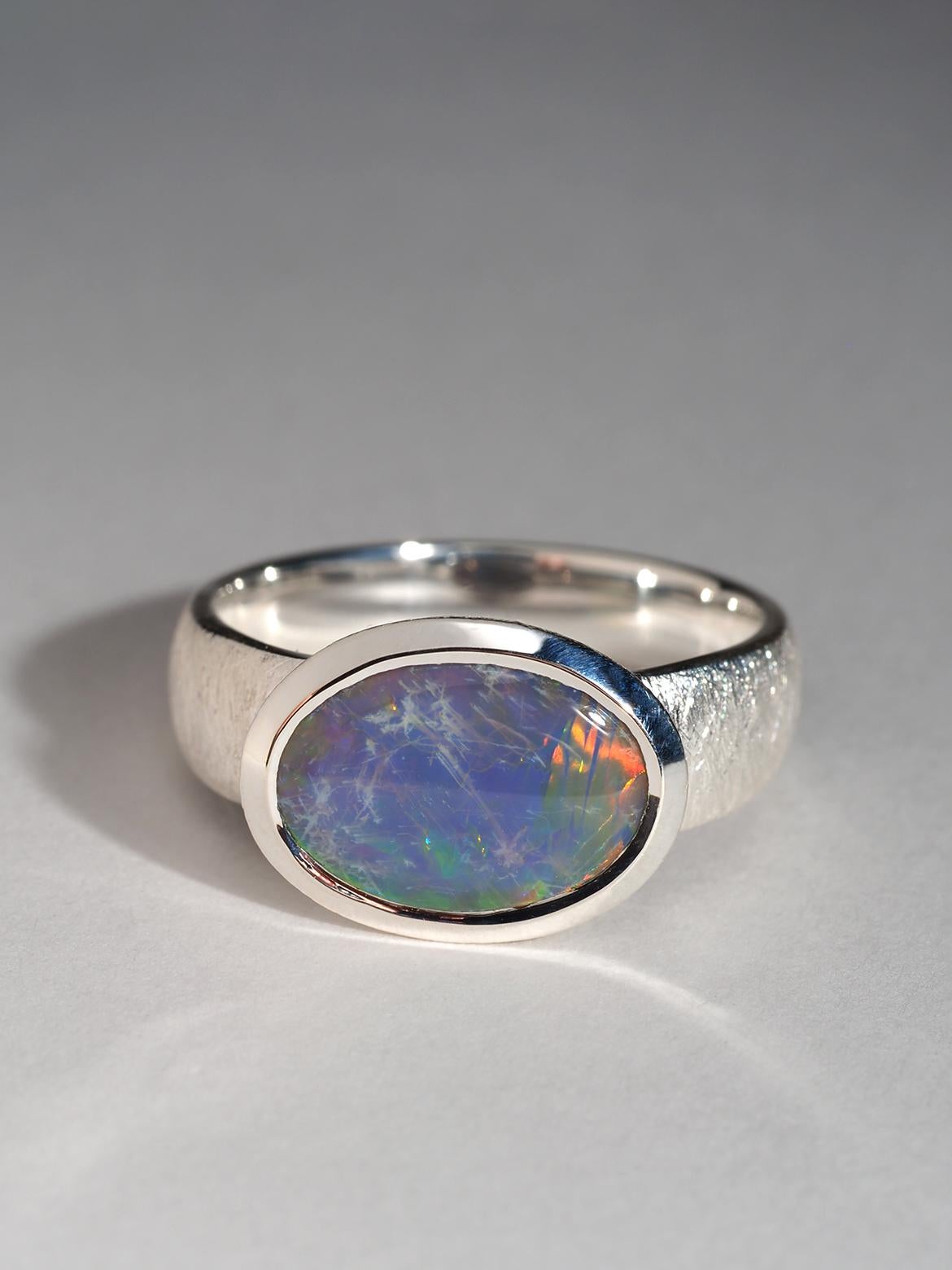 Big Dark Australian Opal Silver Ring Bright Patterned Australian Opal Jewellery For Sale 7