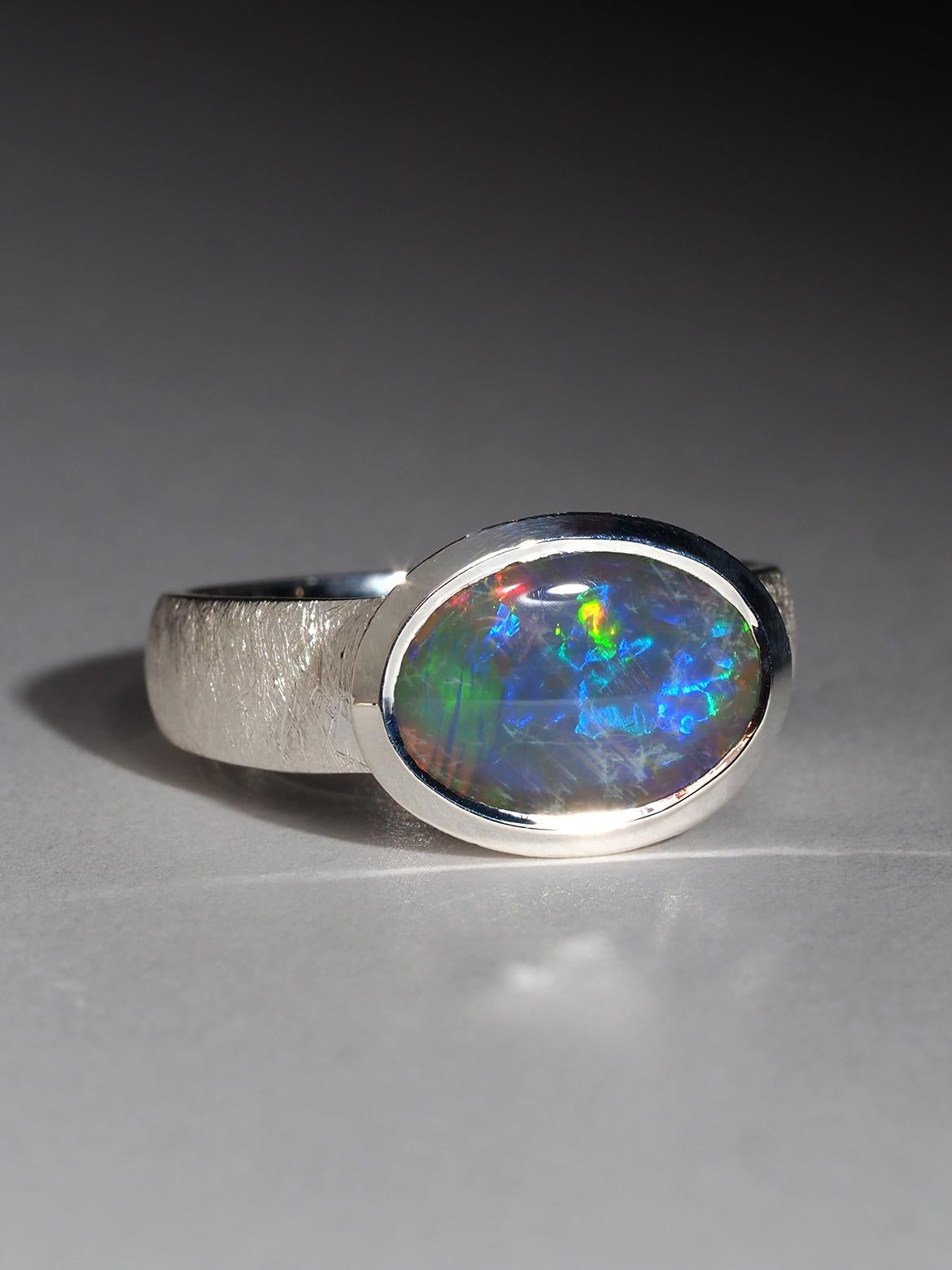Big Dark Australian Opal Silver Ring Bright Patterned Australian Opal Jewellery For Sale 8