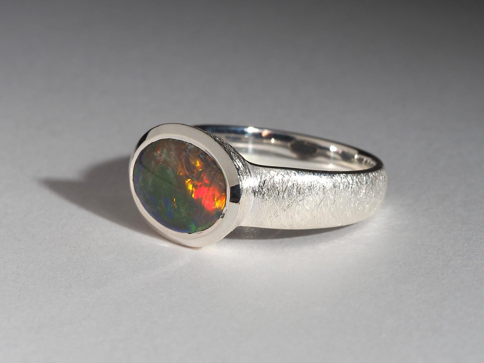 Big Dark Australian Opal Silver Ring Bright Patterned Australian Opal Jewellery For Sale 9