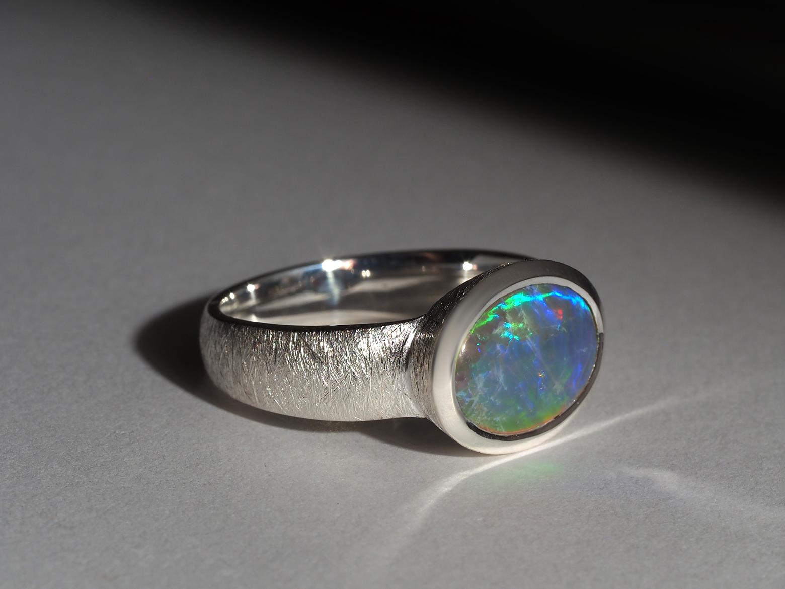 Big Dark Australian Opal Silver Ring Bright Patterned Australian Opal Jewellery For Sale 10