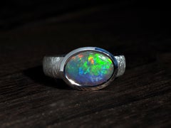 Big Dark Australian Opal Silver Ring Bright Patterned Australian Opal Jewellery