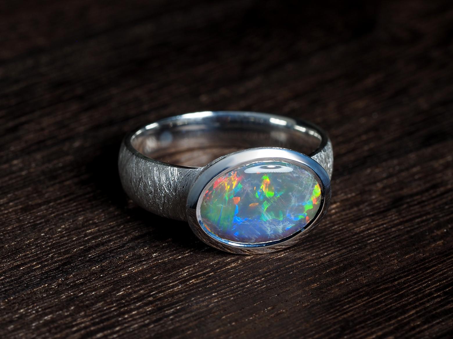 Artisan Big Dark Australian Opal Silver Ring Bright Patterned Australian Opal Jewellery For Sale