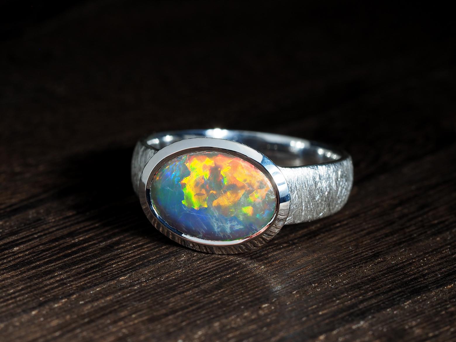 Women's or Men's Big Dark Australian Opal Silver Ring Bright Patterned Australian Opal Jewellery For Sale