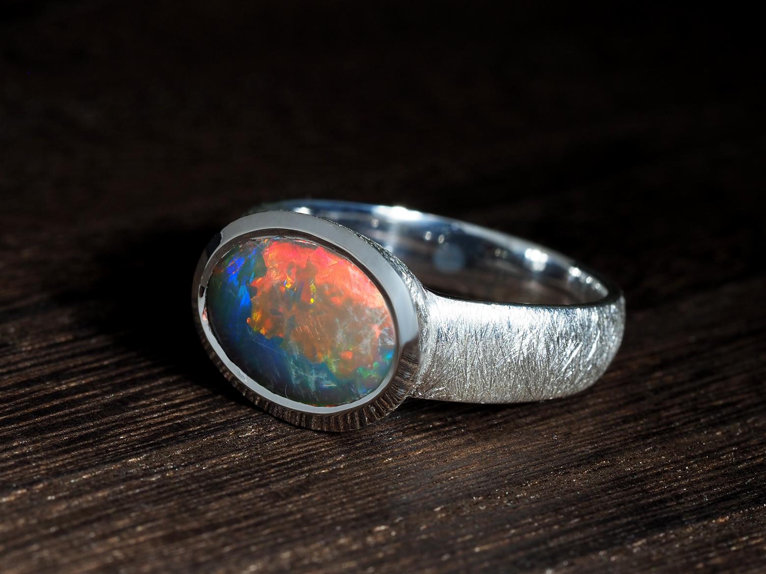 Big Dark Australian Opal Silver Ring Bright Patterned Australian Opal Jewellery For Sale 1
