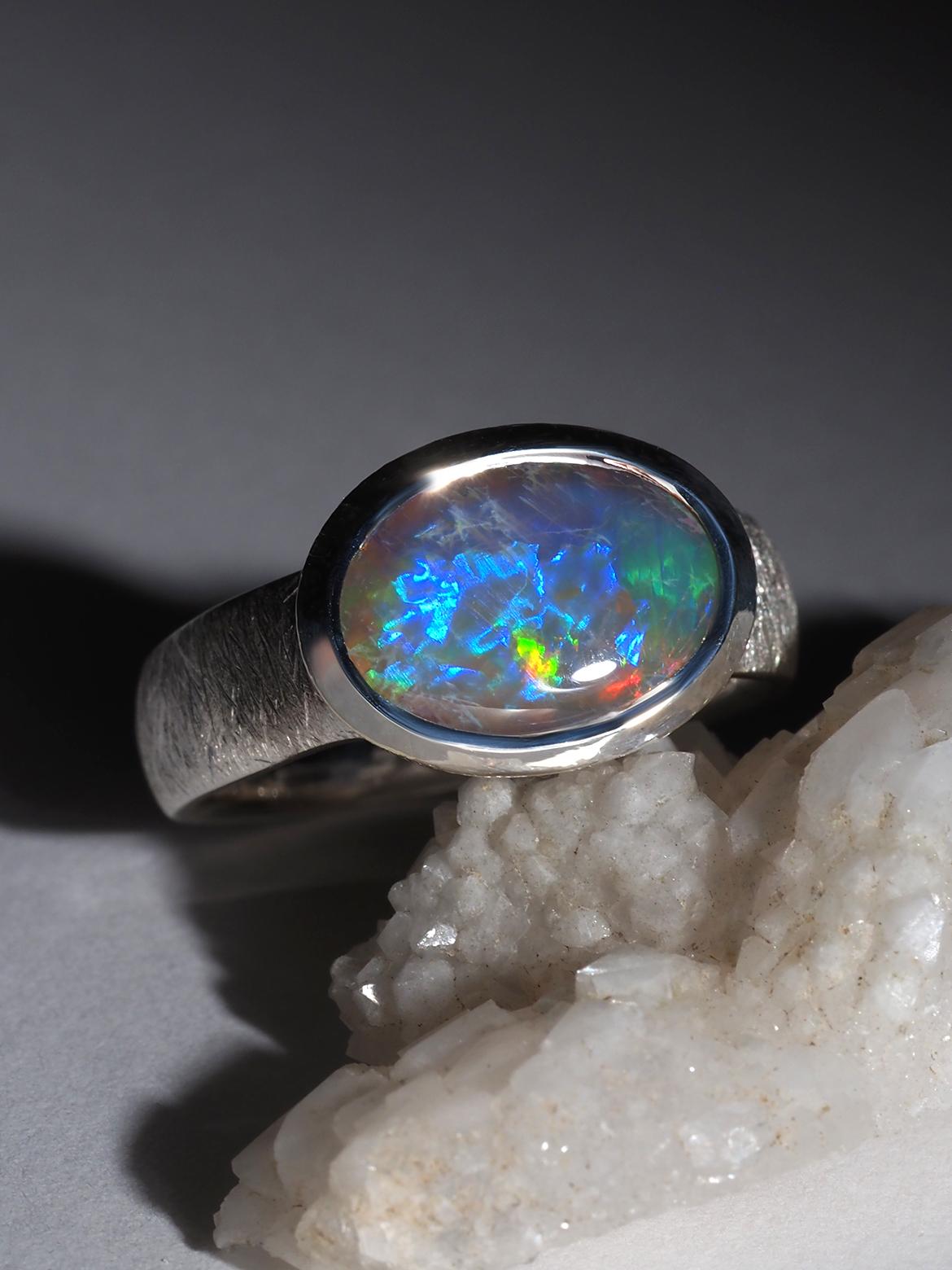 Big Dark Australian Opal Silver Ring Bright Patterned Australian Opal Jewellery For Sale 2