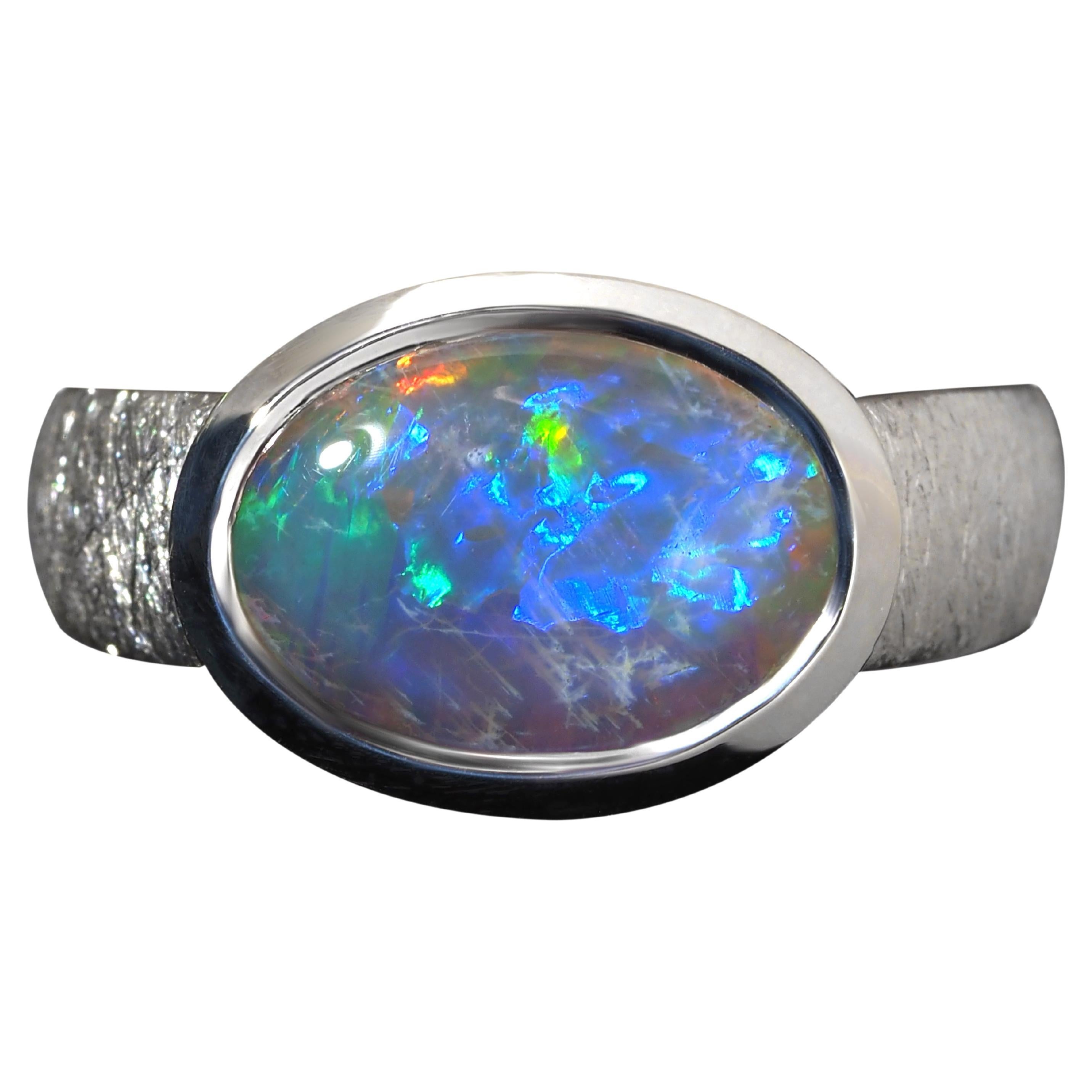Big Dark Australian Opal Silver Ring Bijoux en Opale Australienne à motifs brillants