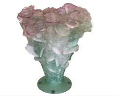 Big Daum Pink and Green Pate-De-Verre Glass Roses Vase