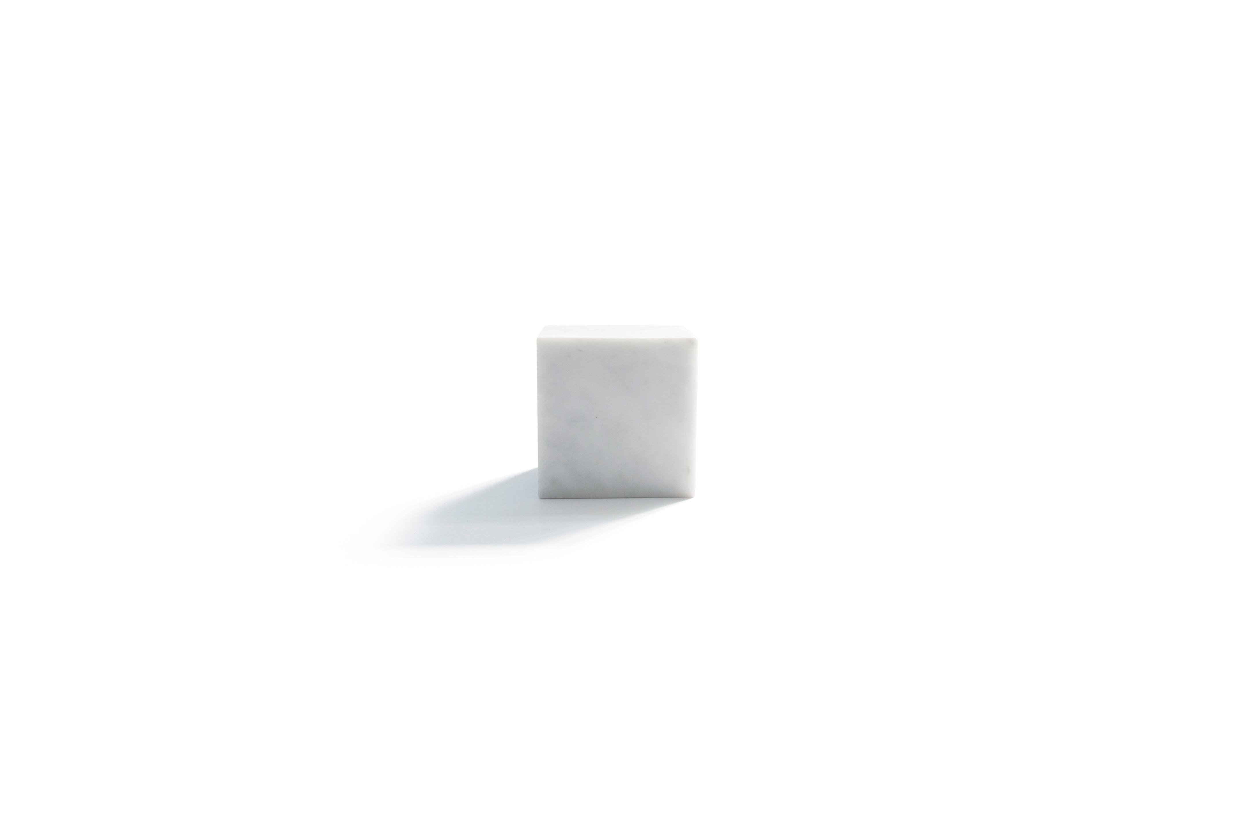 Hand-Crafted Handmade Big Decorative Paperweight Cube in Satin White Carrara Marble For Sale