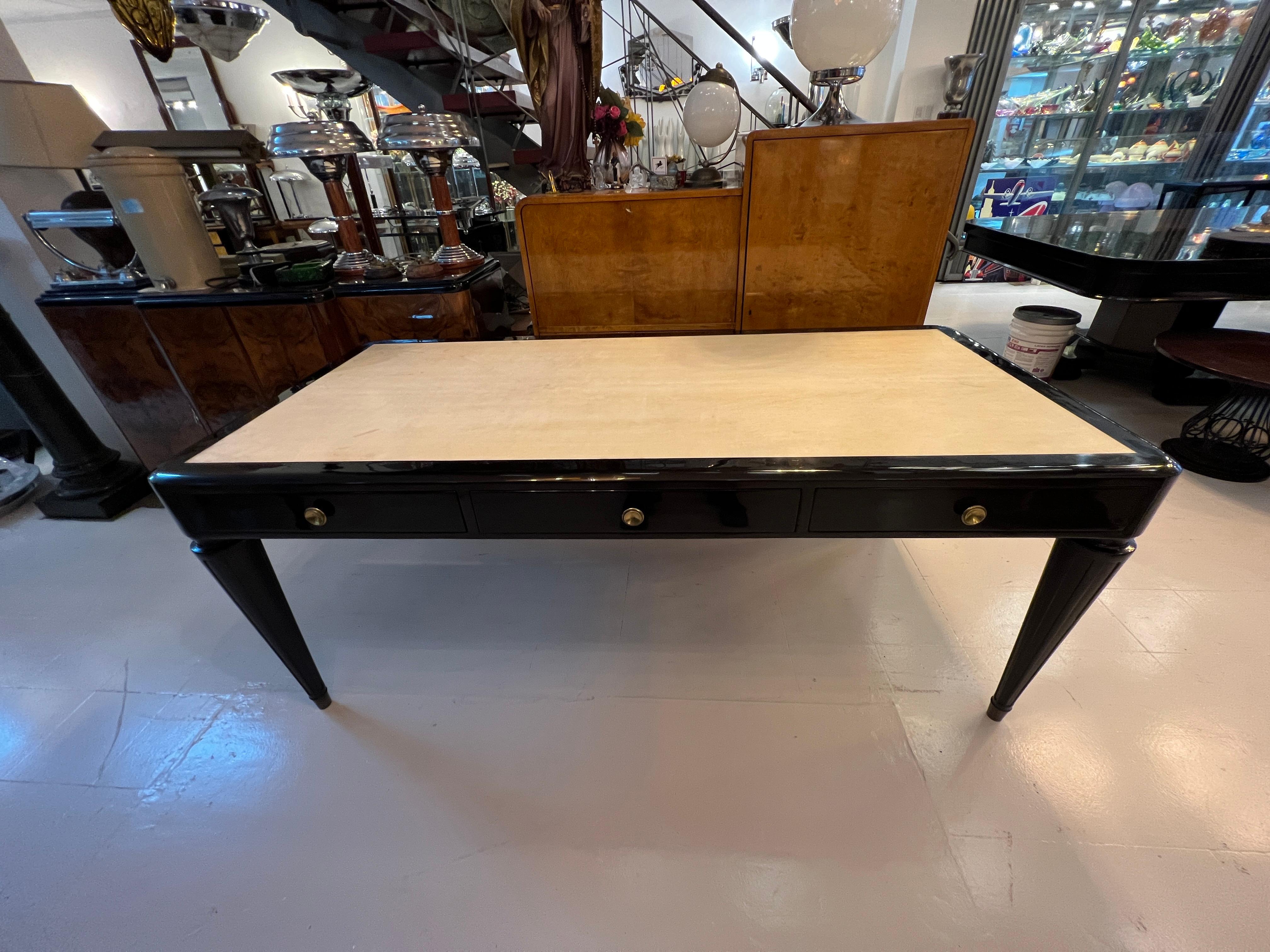 French Big Desk Art Deco in Wood and Parchment, with 3 Drawers, 1930, Made in France For Sale