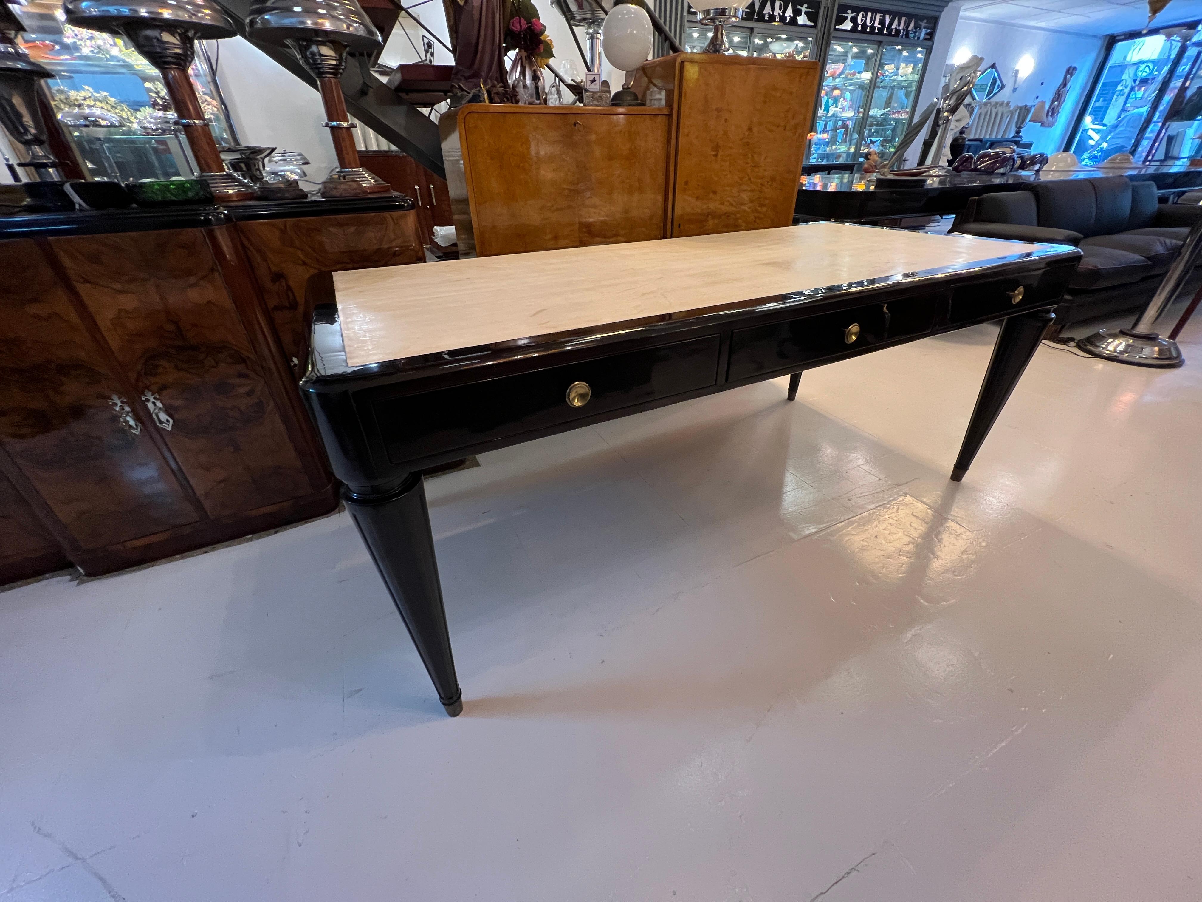 Parchment Paper Big Desk Art Deco in Wood and Parchment, with 3 Drawers, 1930, Made in France For Sale