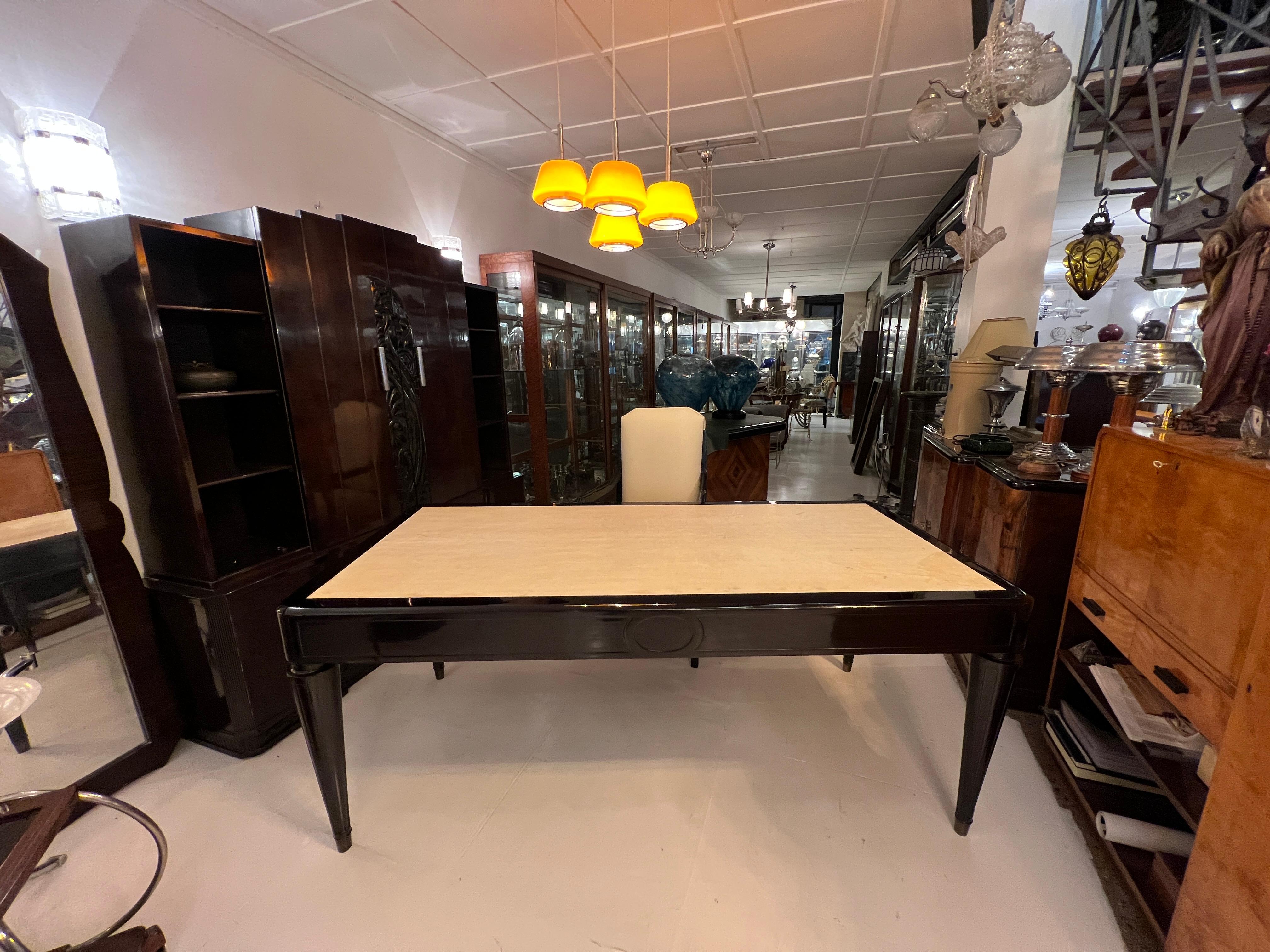 Big Desk Art Deco in Wood and Parchment, with 3 Drawers, 1930, Made in France For Sale 3