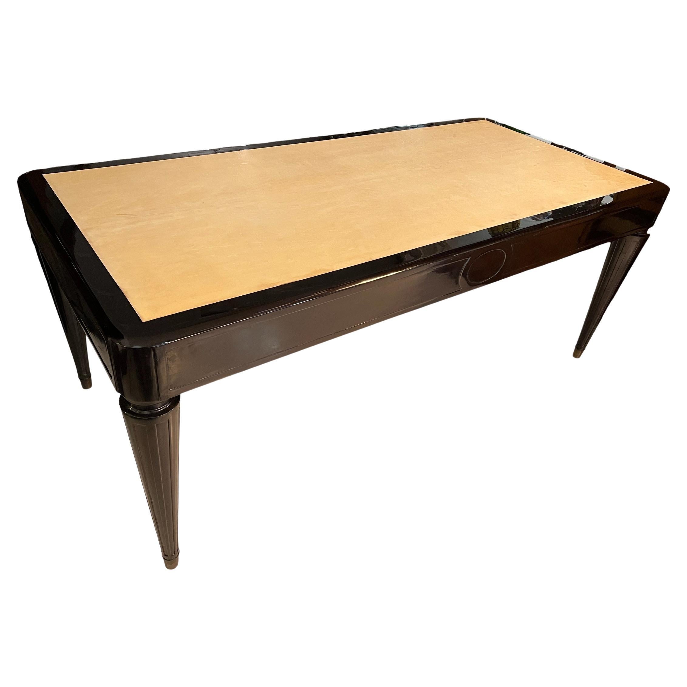 Big Desk Art Deco in Wood and Parchment, with 3 Drawers, 1930, Made in France