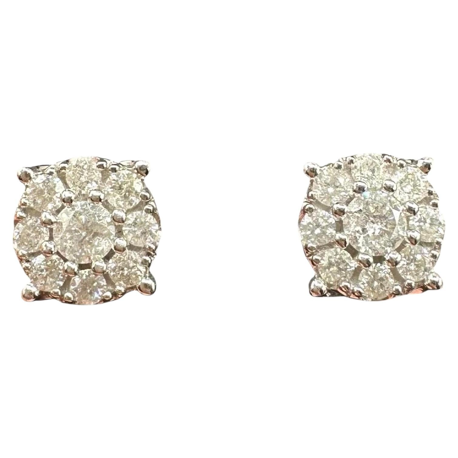 Big Diamond Cluster Stud Earrings 10K White Gold 1.20ctw Natural Diamonds 8.8mm
