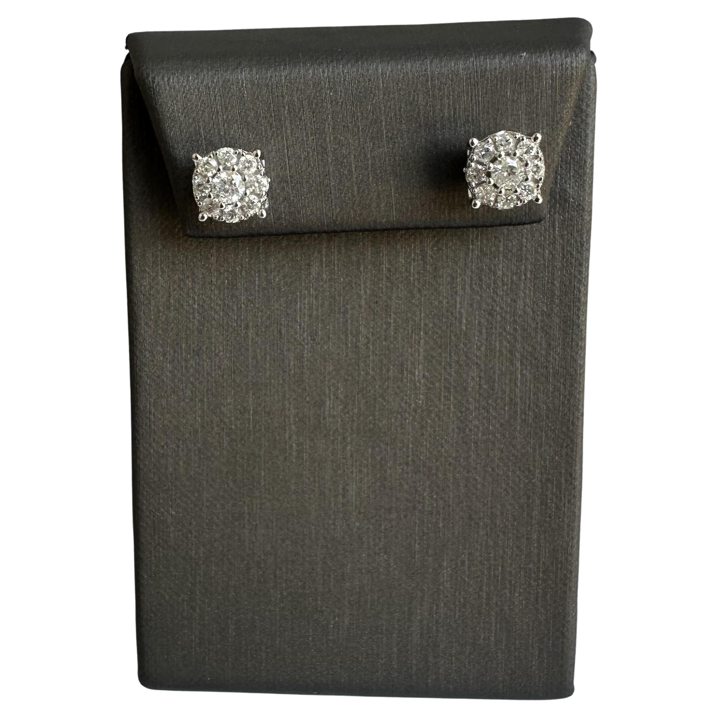 Big Diamond Cluster Studs in 10kt White Gold - 1.20ctw Natural Diamonds, 8.8mm