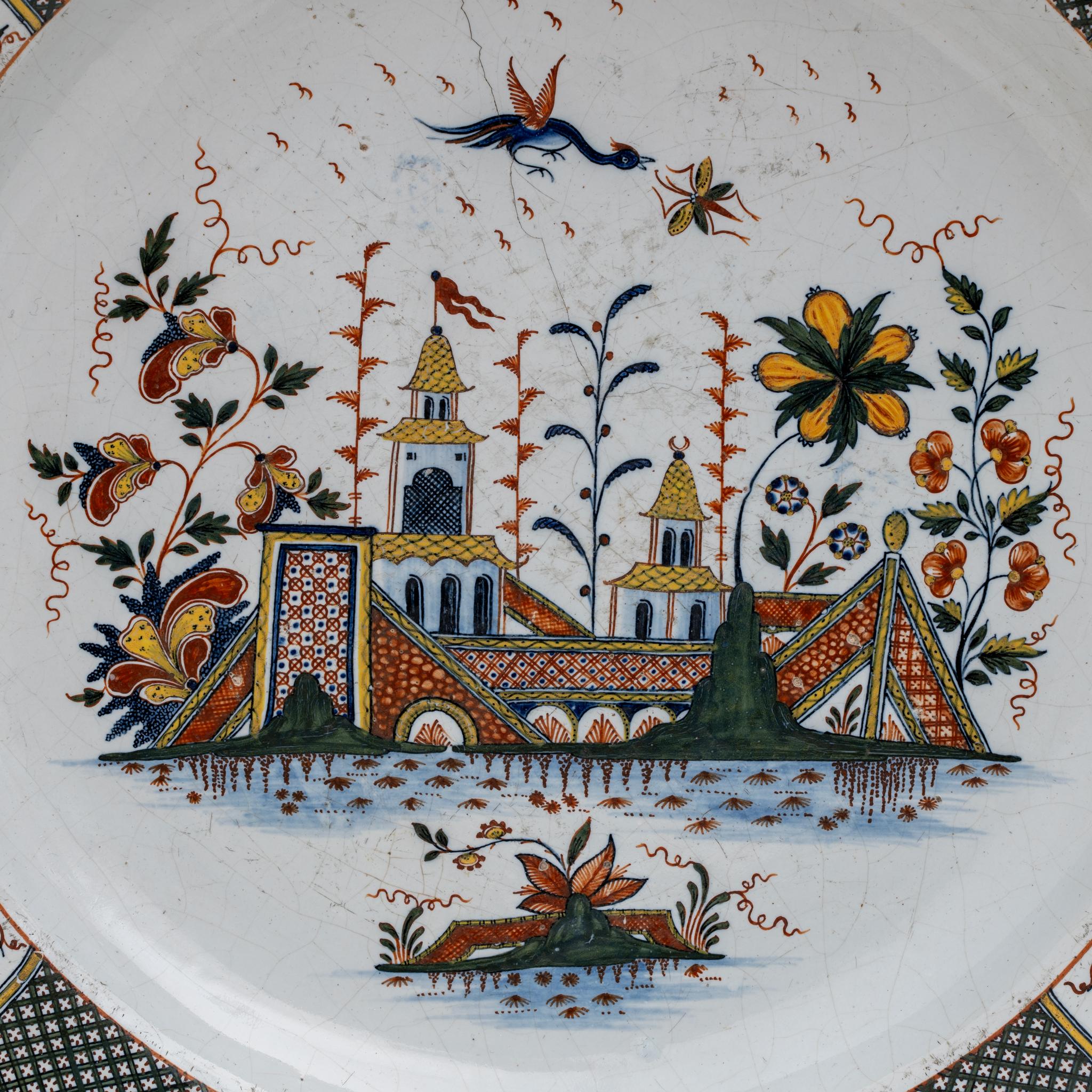 Rococo Large Majolica Dish France Rouen Manufactory of Jean-Baptiste Guillibaud, 1730 For Sale