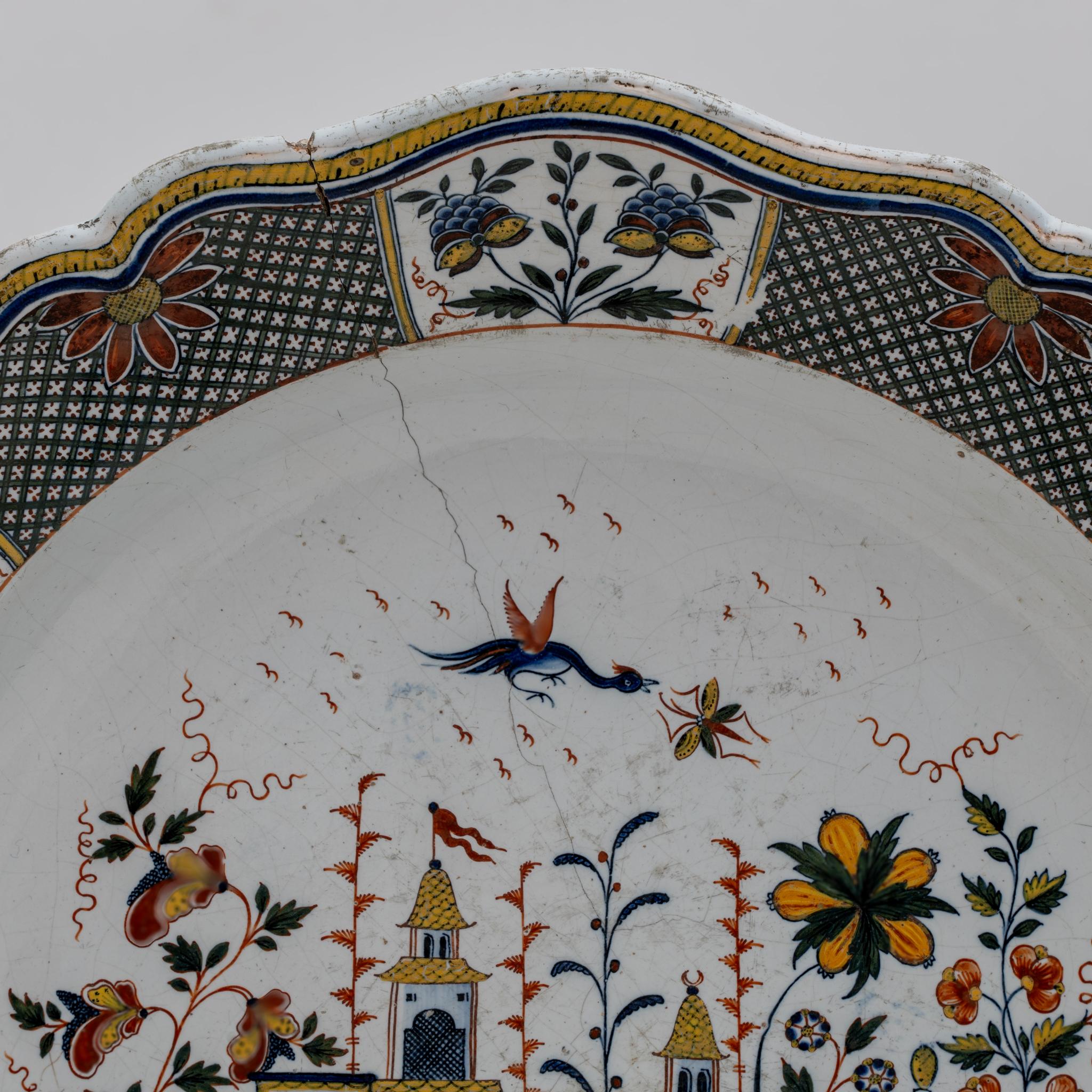 French Large Majolica Dish France Rouen Manufactory of Jean-Baptiste Guillibaud, 1730 For Sale