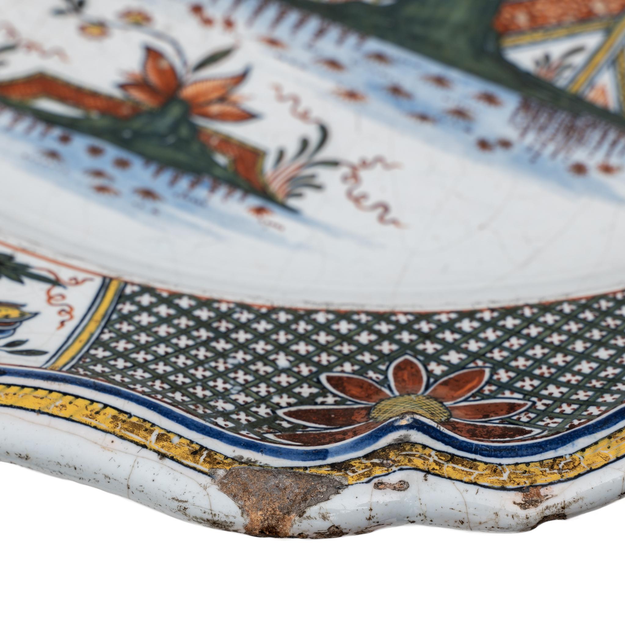 Mid-18th Century Large Majolica Dish France Rouen Manufactory of Jean-Baptiste Guillibaud, 1730 For Sale