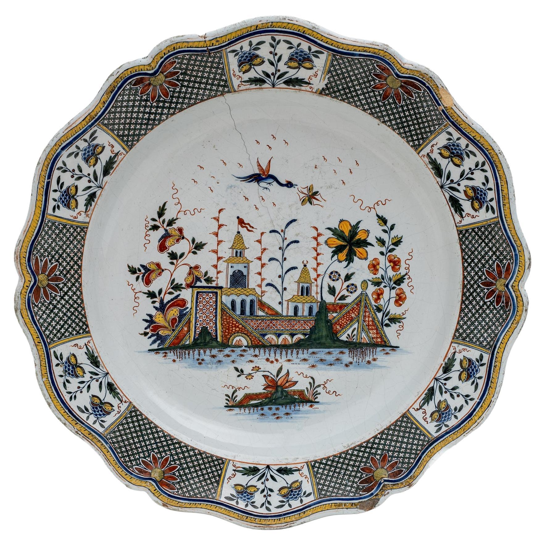 Large Majolica Dish France Rouen Manufactory of Jean-Baptiste Guillibaud, 1730 For Sale