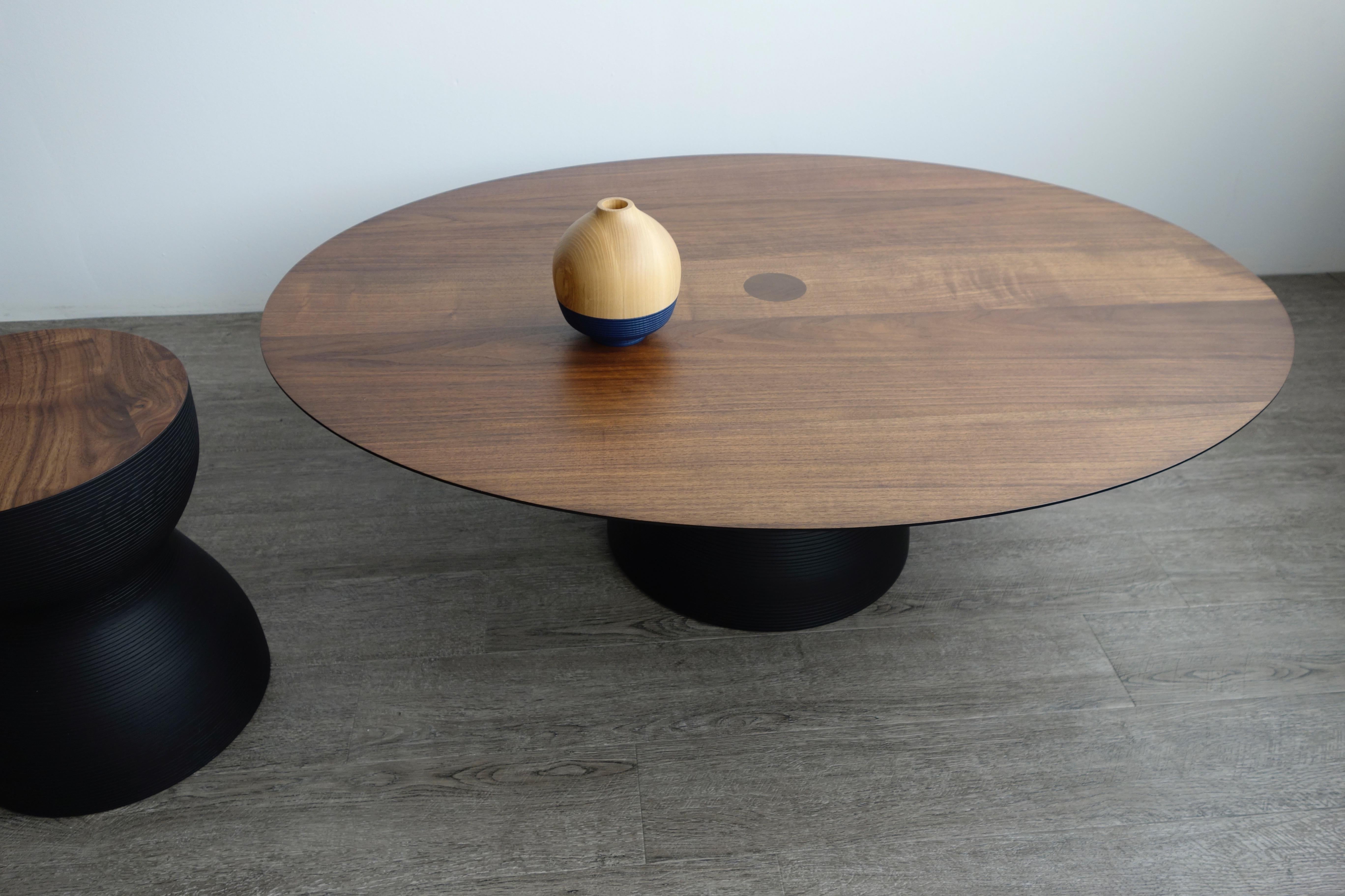 Wood Big Diz Ellipse, Modern Sculptural Handcrafted Walnut and Ash Coffee Table For Sale