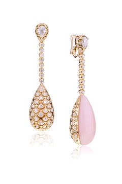 Big Double Face Pink Opal Diamonds Drop with Pear Cut Diamonds Evening Earrings