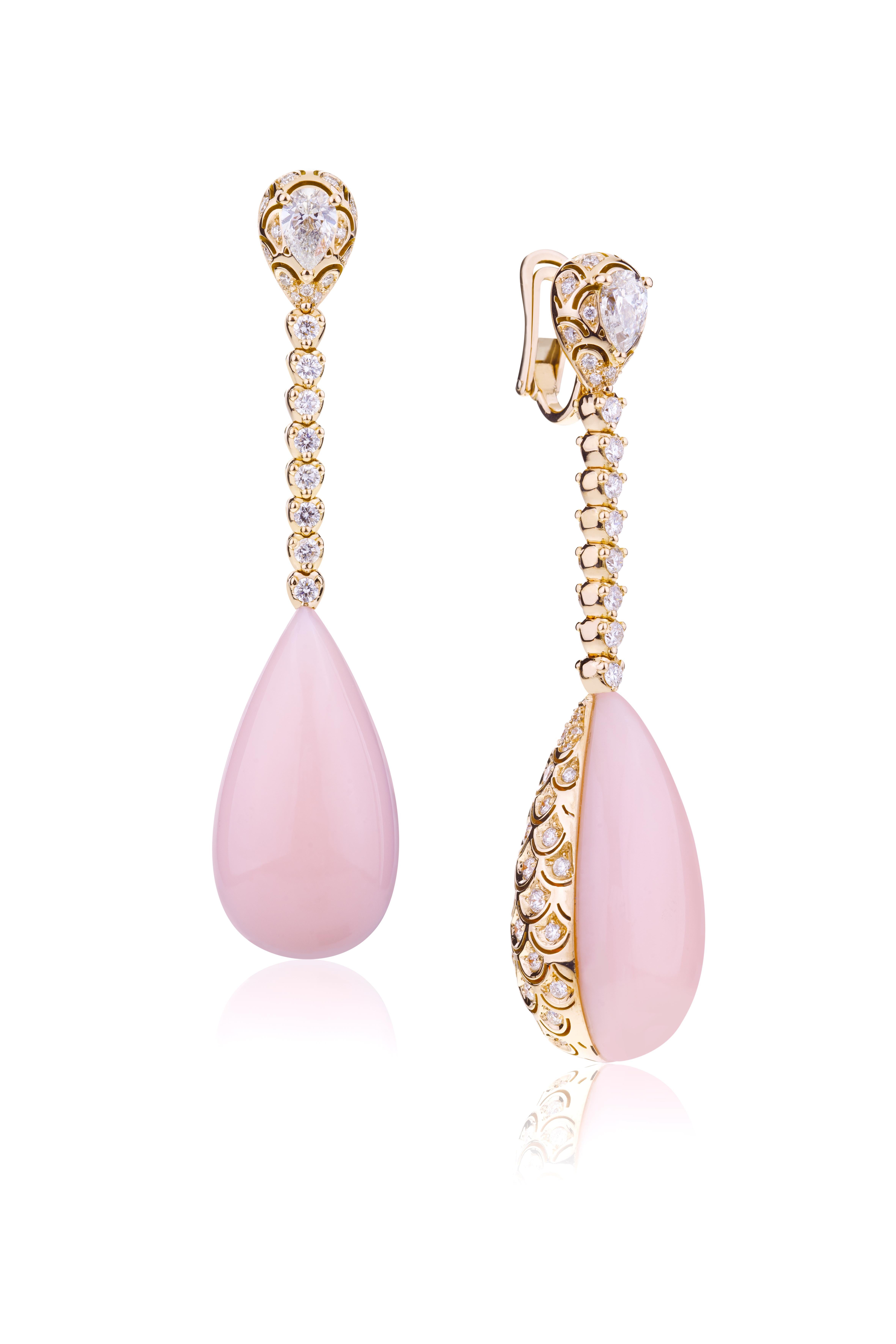 Contemporain Boucles d'oreilles de soirée en goutte avec opale rose à double face et diamants taille poire en vente