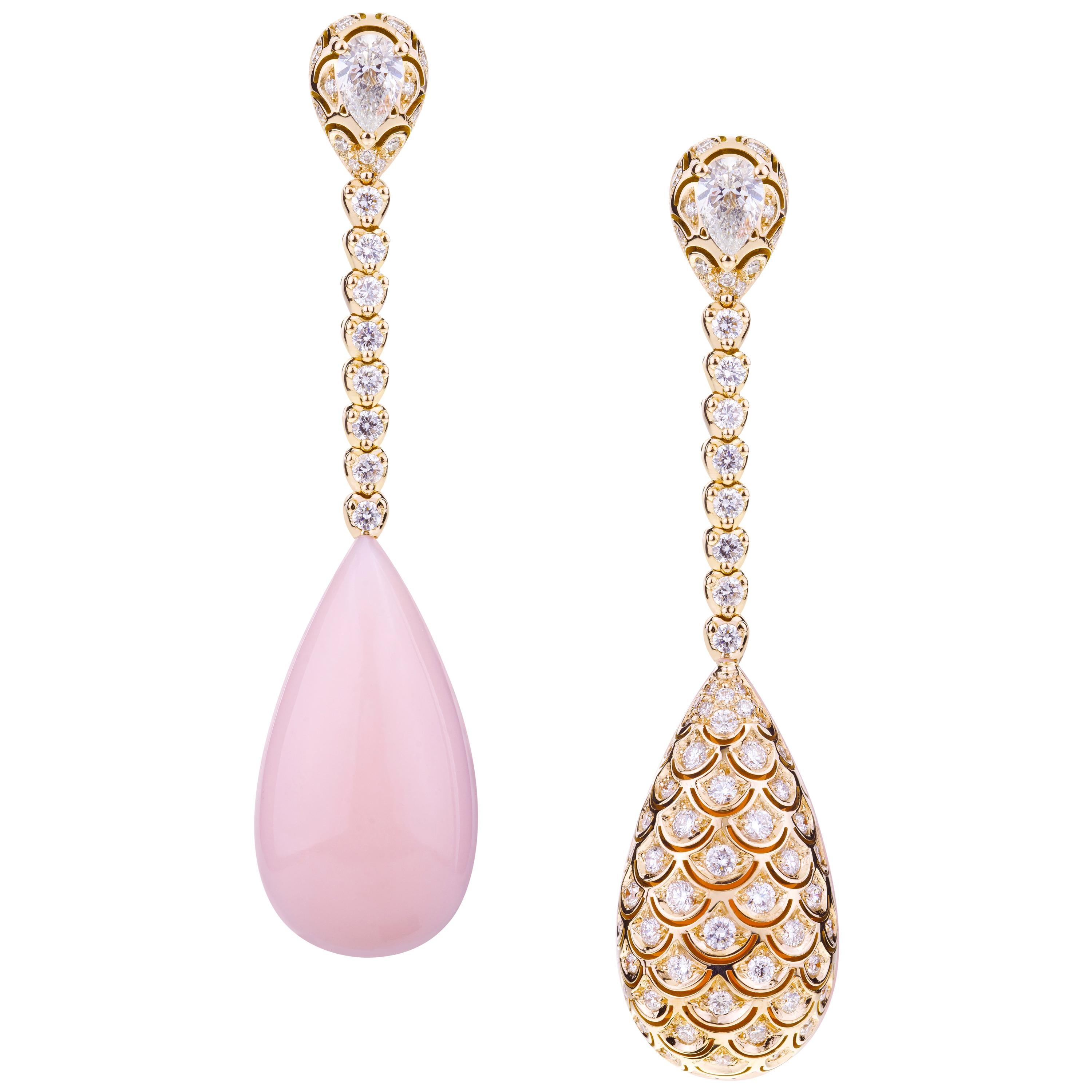 Big Double Face Pink Opal Diamonds Drop with Pear Cut Diamonds Evening Earrings For Sale