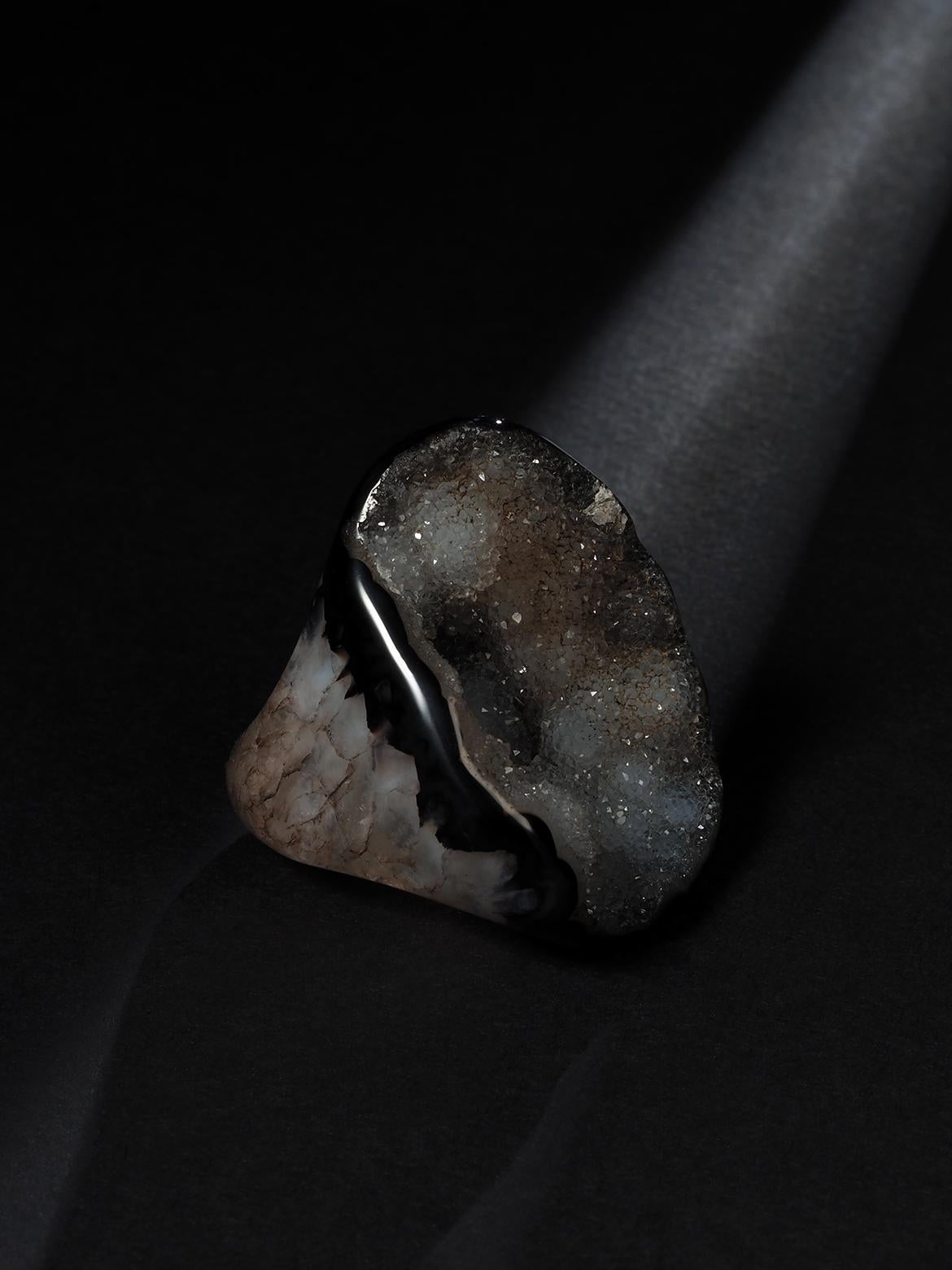 Women's or Men's Big Druzy Quartz Agate Ring Solid Stone Raw Crystals For Sale