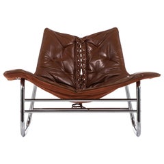 Big Easy Chair in Chromed Steel and Brown Leather