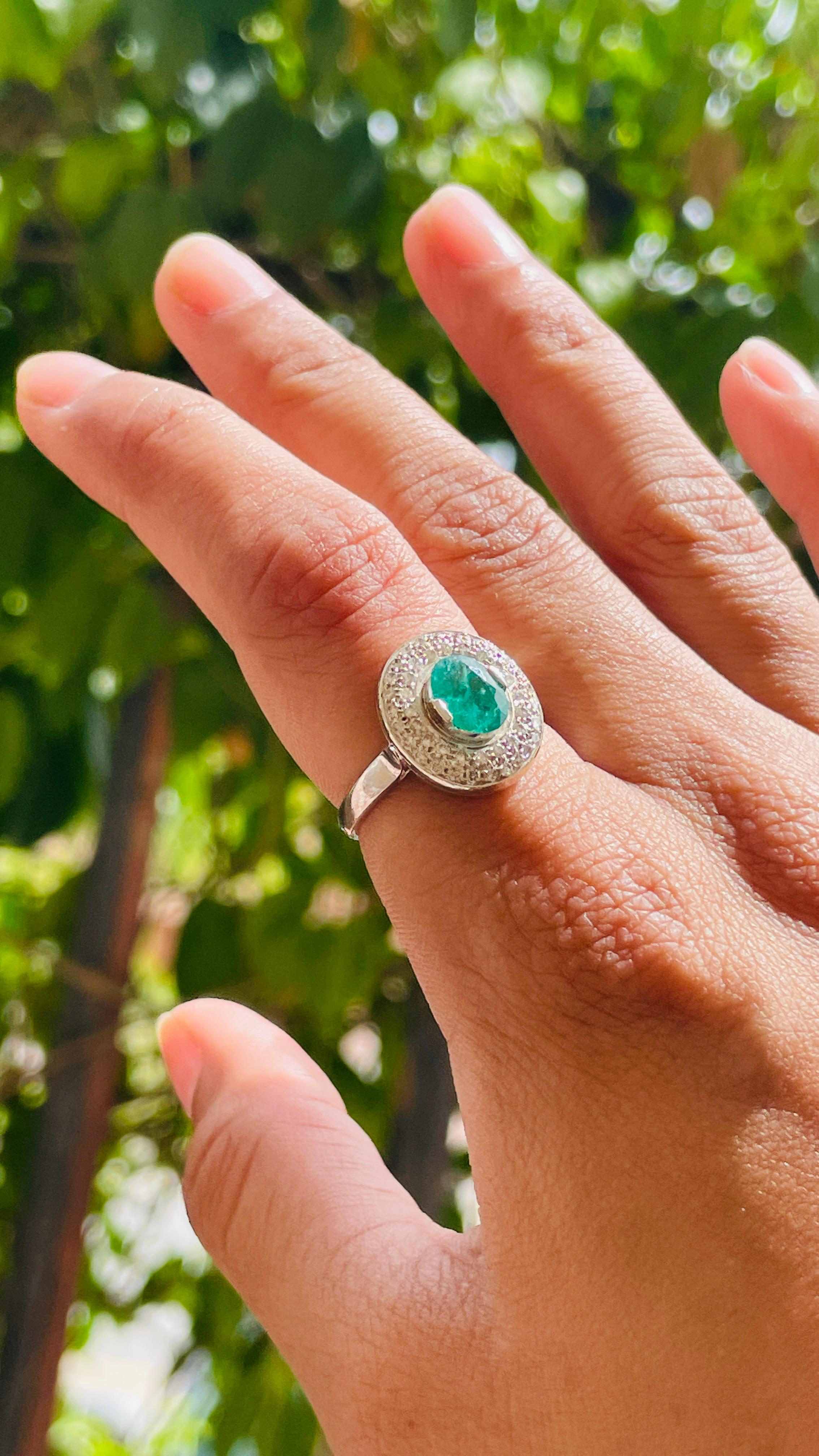 For Sale:  Big Emerald Cocktail Ring with Diamonds in 18K White Gold 7