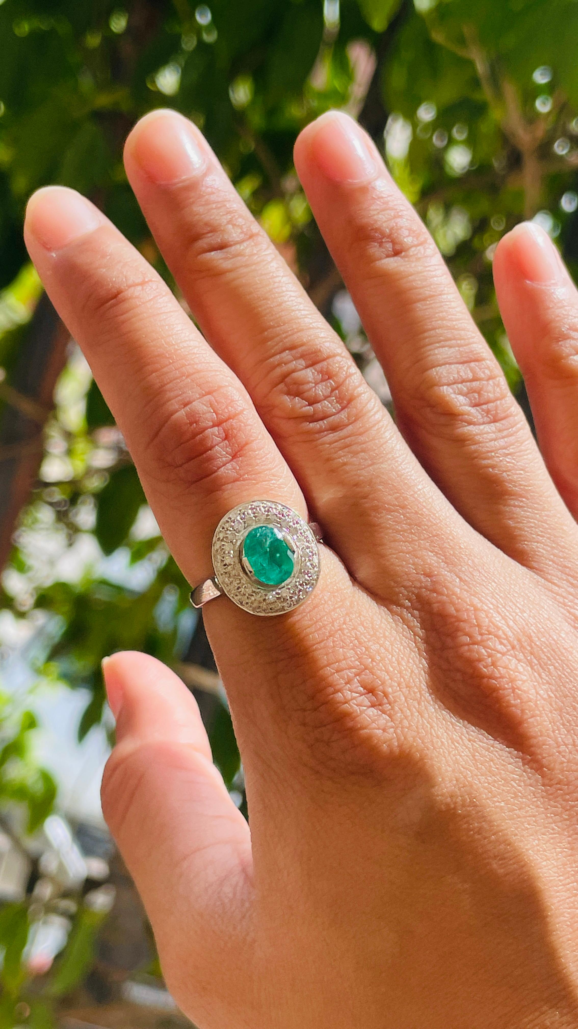 For Sale:  Big Emerald Cocktail Ring with Diamonds in 18K White Gold 9