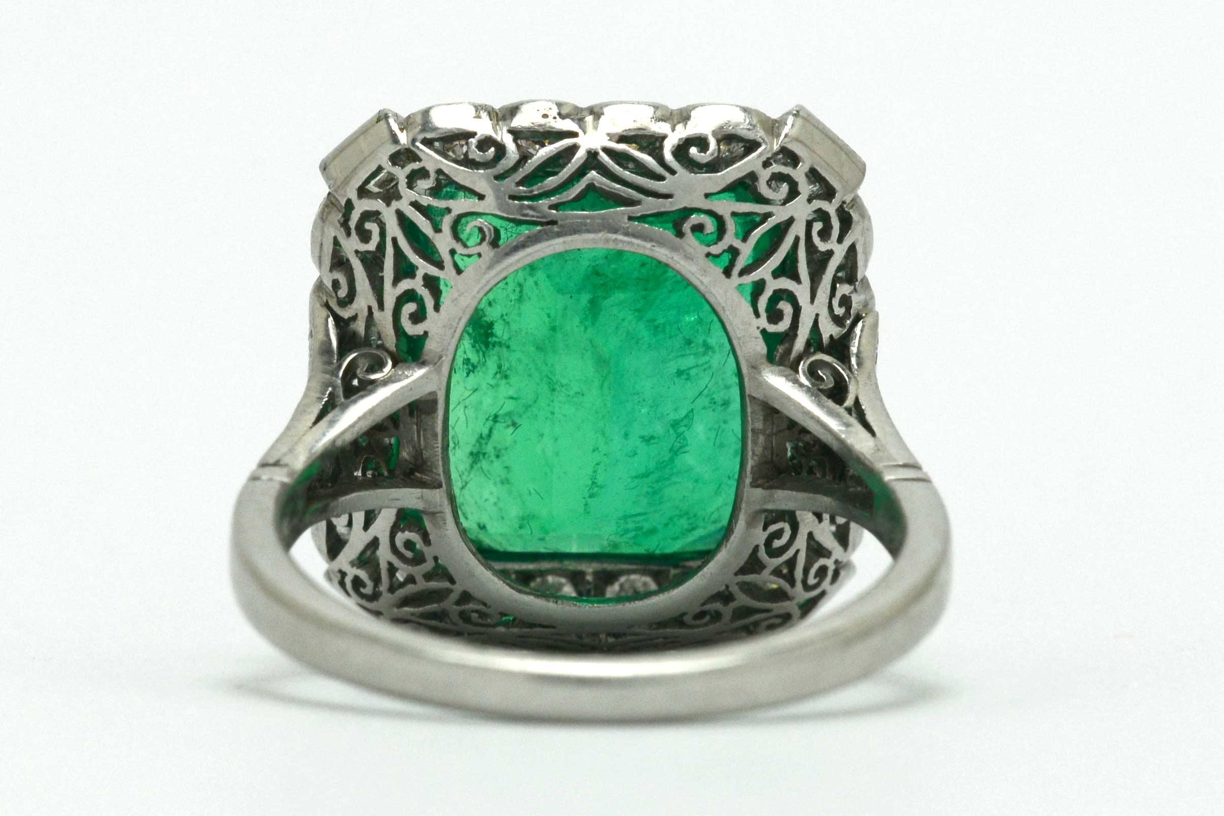 Emerald Cut Big Emerald Diamond Halo Cocktail Engagement Ring Platinum 2-Tone Art Deco Style
