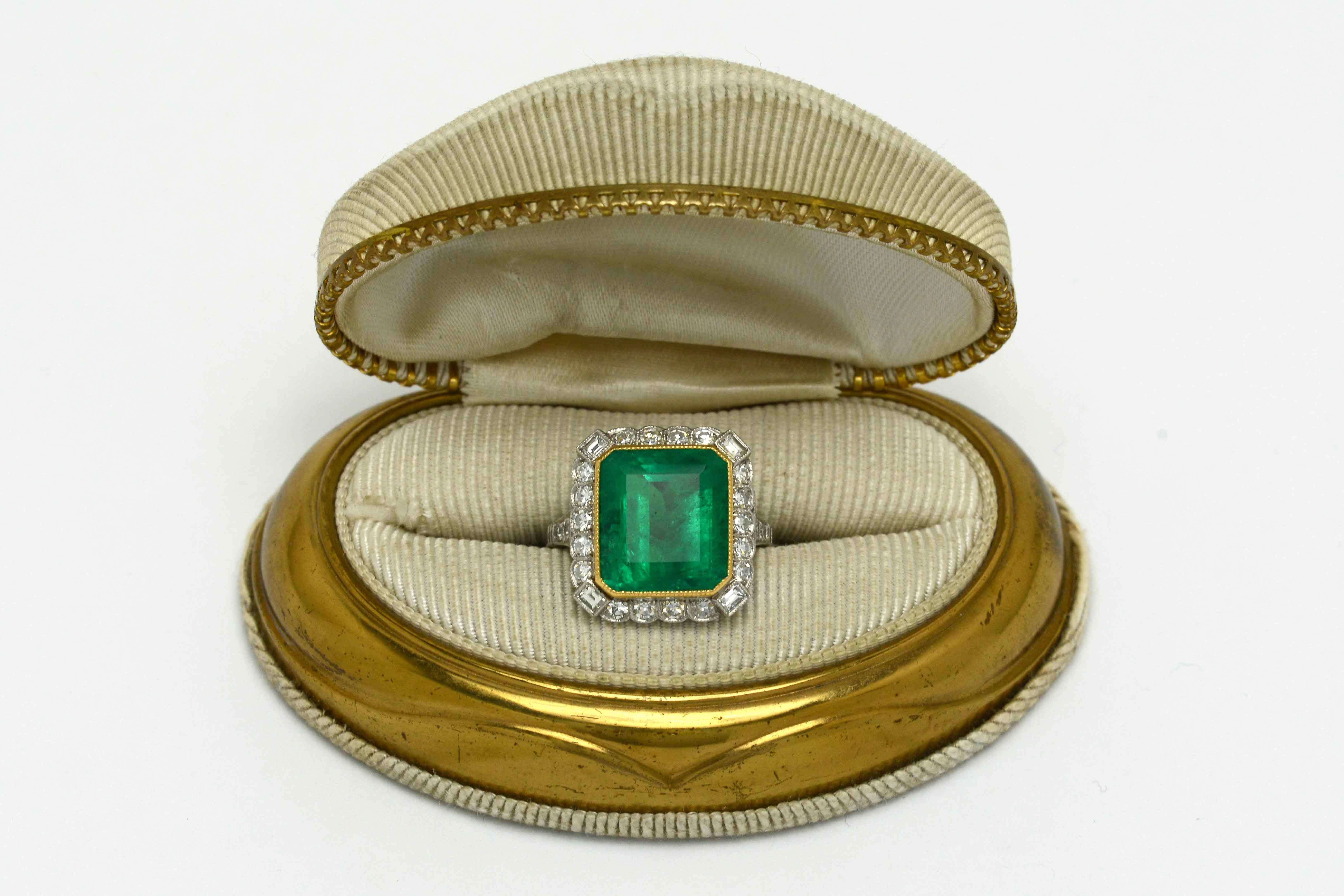 Big Emerald Diamond Halo Cocktail Engagement Ring Platinum 2-Tone Art Deco Style In Good Condition In Santa Barbara, CA