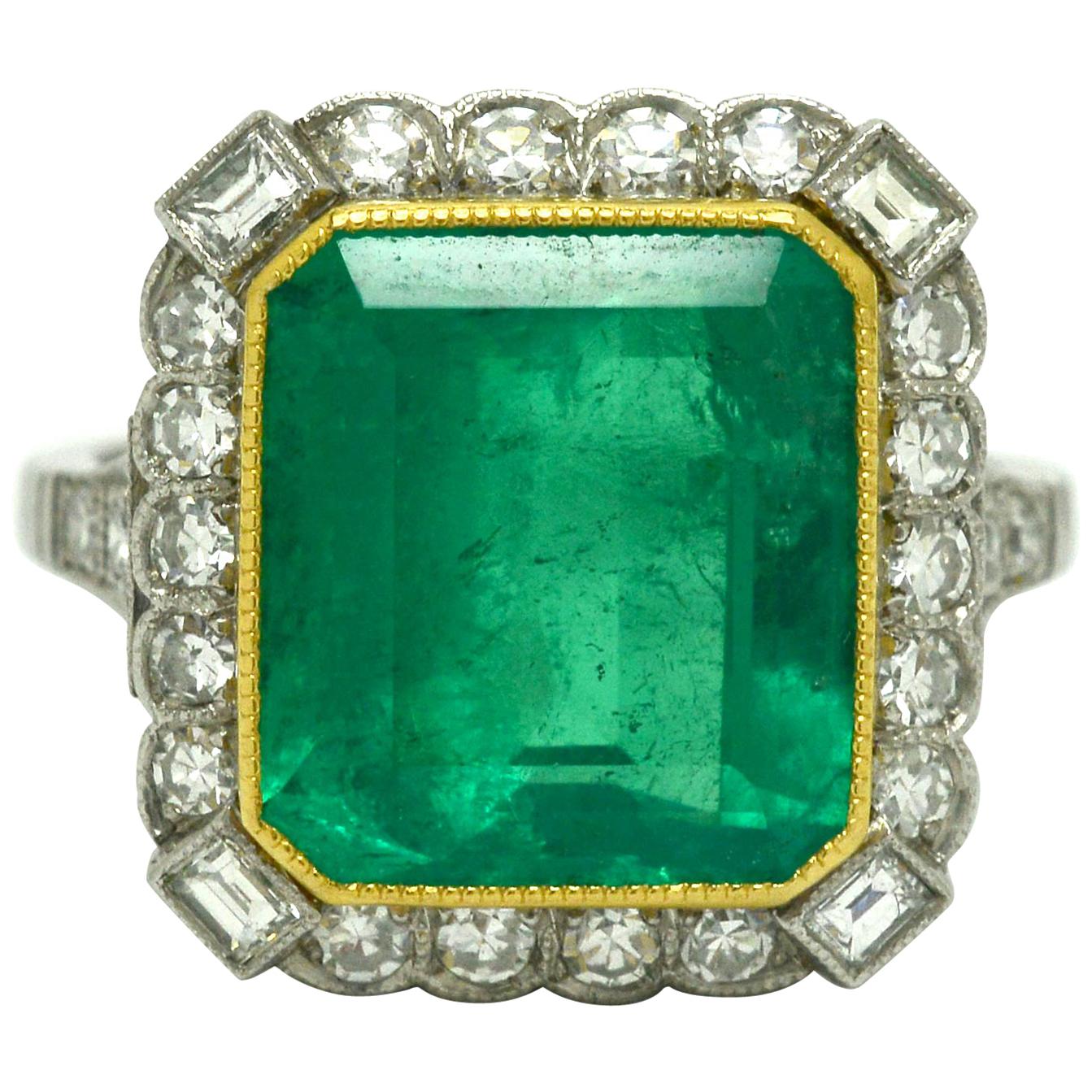 Big Emerald Diamond Halo Cocktail Engagement Ring Platinum 2-Tone Art Deco Style
