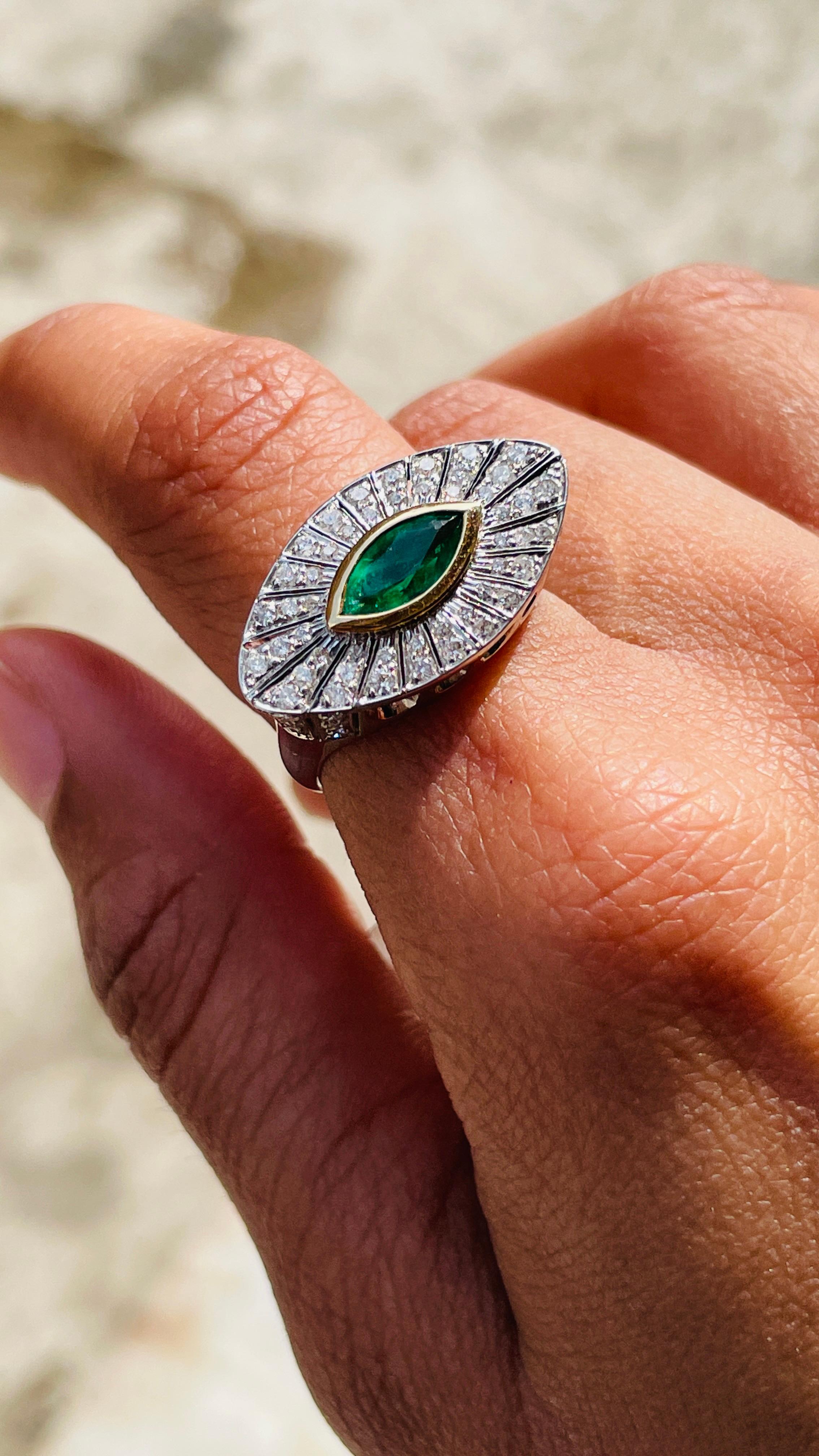For Sale:  Big Emerald Diamond Halo Evil Eye Shape Cocktail Ring in 18k White Gold 2