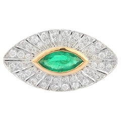 Big Emerald Diamond Halo Evil Eye Shape Cocktail Ring in 18k White Gold