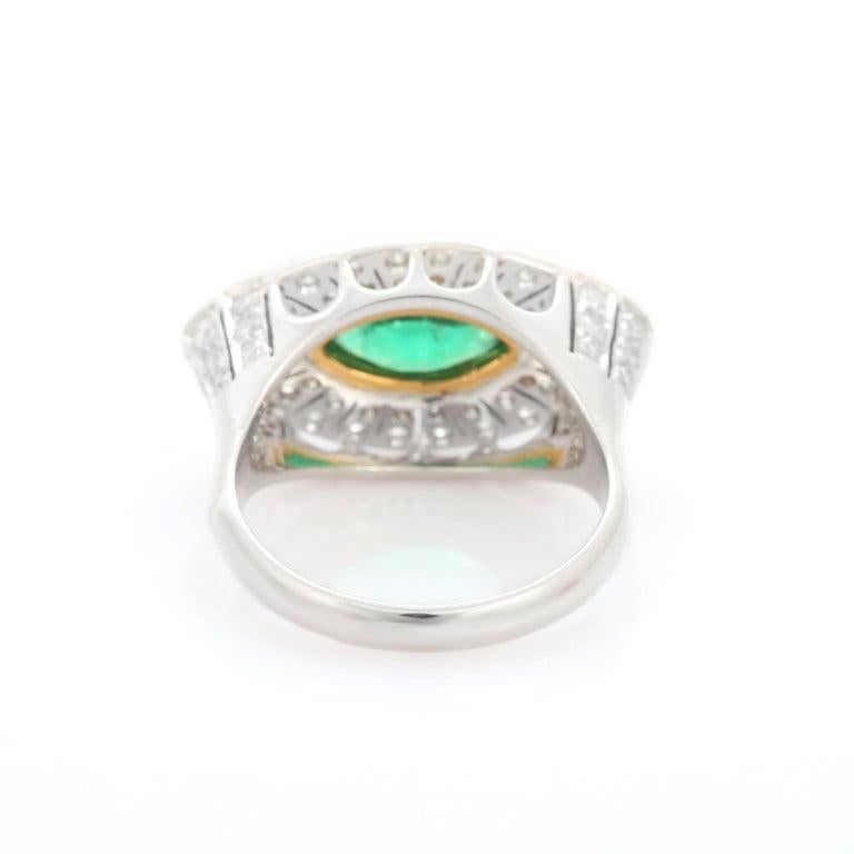 For Sale:  Big Emerald Diamond Halo Evil Eye Shape Cocktail Ring in 18k White Gold 3