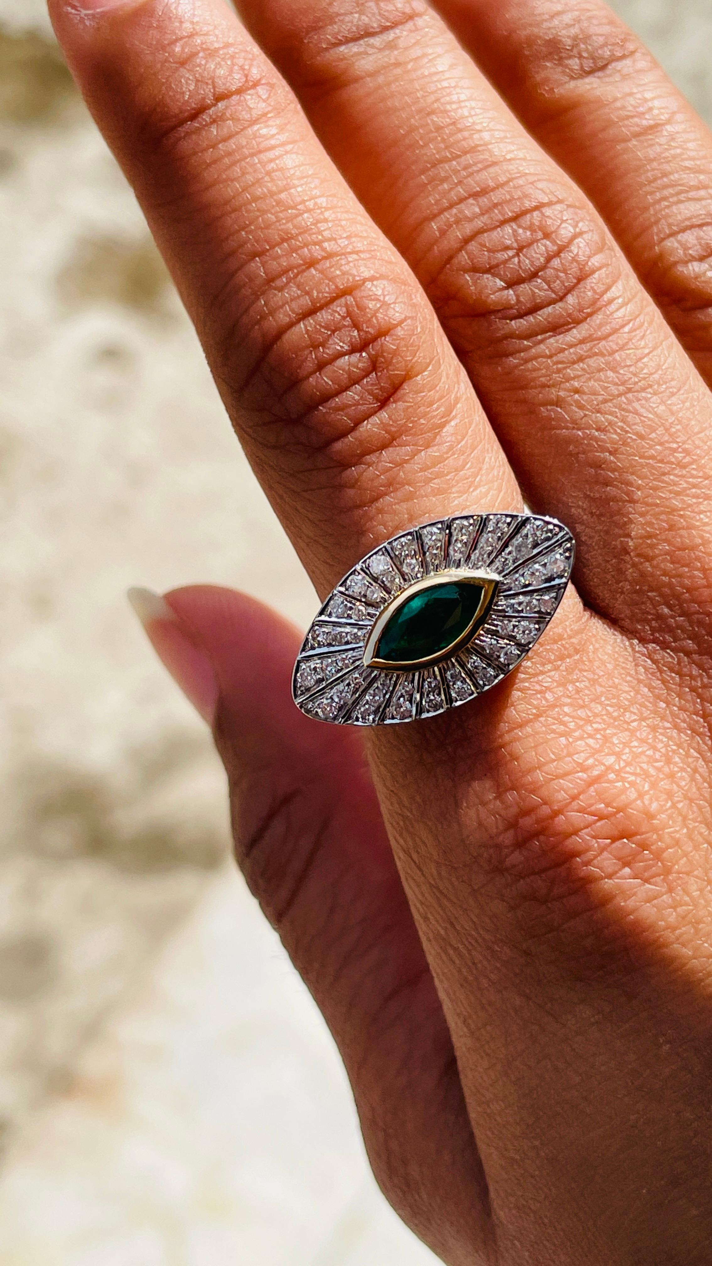 For Sale:  Big Emerald Diamond Halo Evil Eye Shape Cocktail Ring in 18k White Gold 4