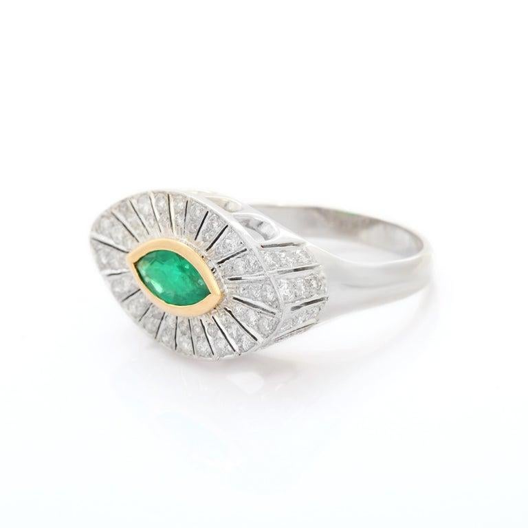 For Sale:  Big Emerald Diamond Halo Evil Eye Shape Cocktail Ring in 18k White Gold 5